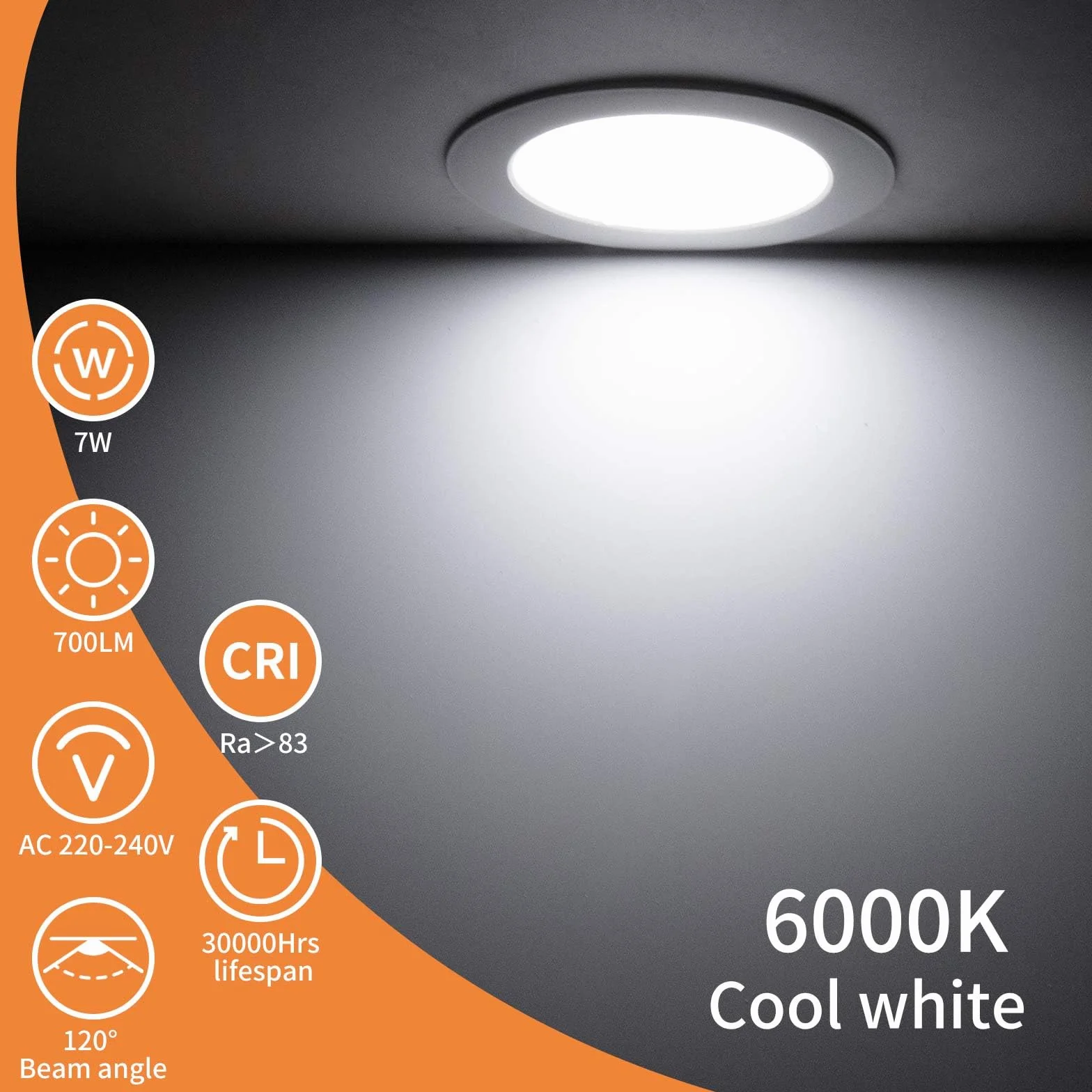 Tomosu Bardzo płaski wpuszczany reflektor LED 7W 700lm IP44 zimna biel 6000K otwór Φ95-105mm AC220-240V zestaw 2