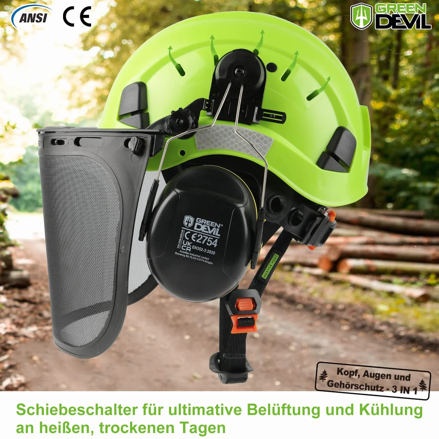 GREEN DEVIL Kask ochronny z piłą łańcuchową 3 w 1, ochrona słuchu i twarzy, EN397 EN 352-3