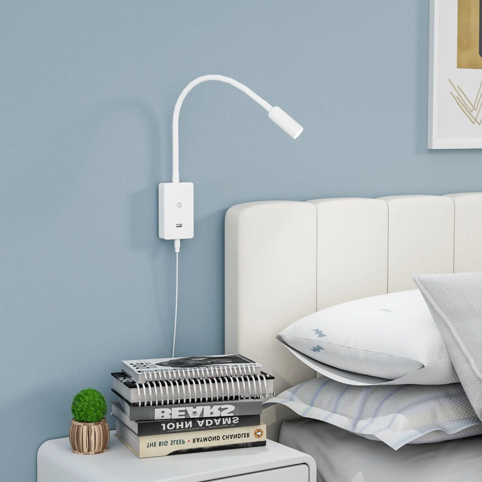 ENUOTEK Lampka Nocna LED Z Regulacją Dotyku Do Montażu Na Ścianie, Biała Kinkiet Do Czytania Z Portem USB 5V2A, Elastyczny Giętki Przewód, 4 Poziomy Jasności, Neutralne Białe