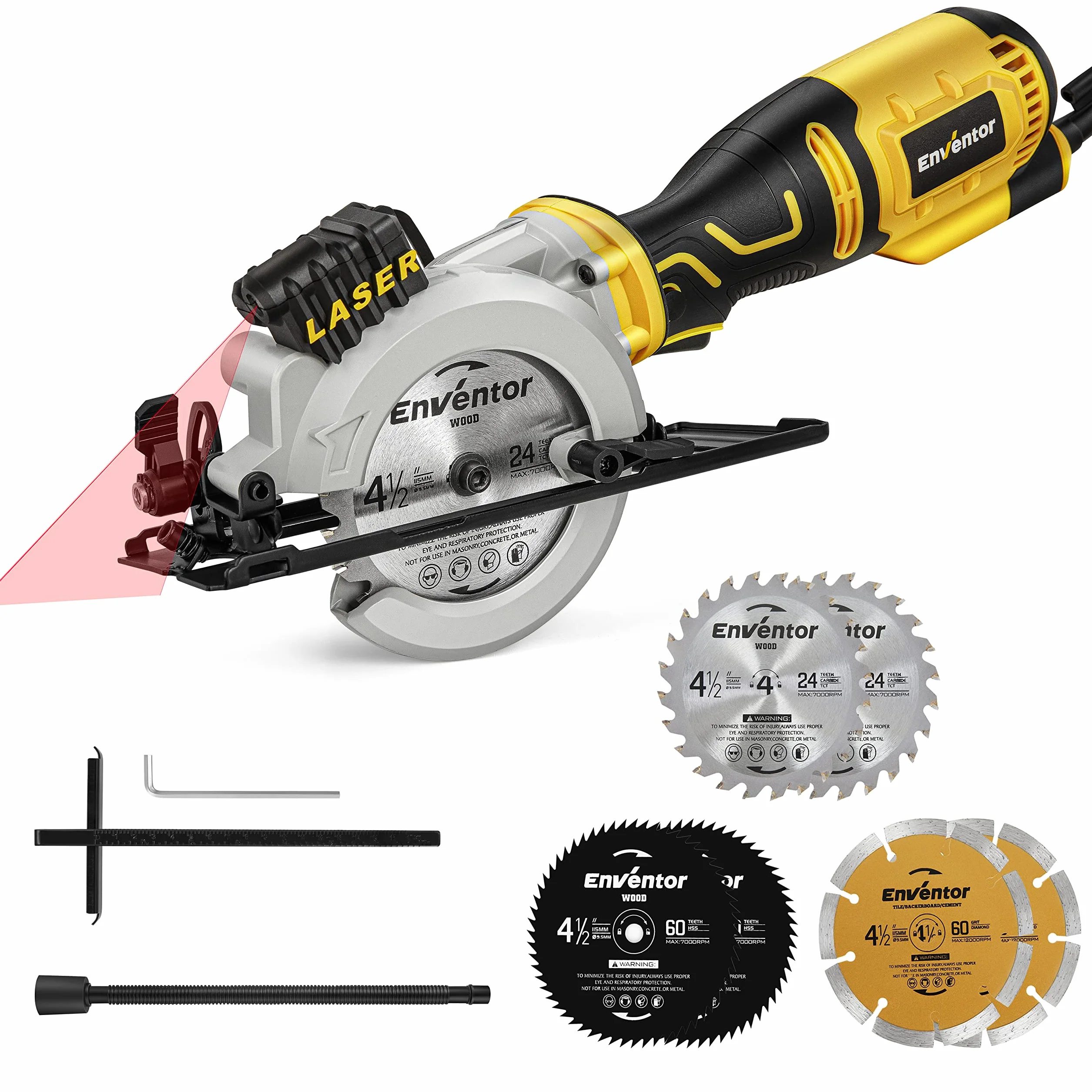 Mini pilarka tarczowa ENVENTOR 705W 3500 RPM prowadnica laserowa 6 ostrzy Ø115 mm cięcie 42.8 mm/90º 28 mm/45º