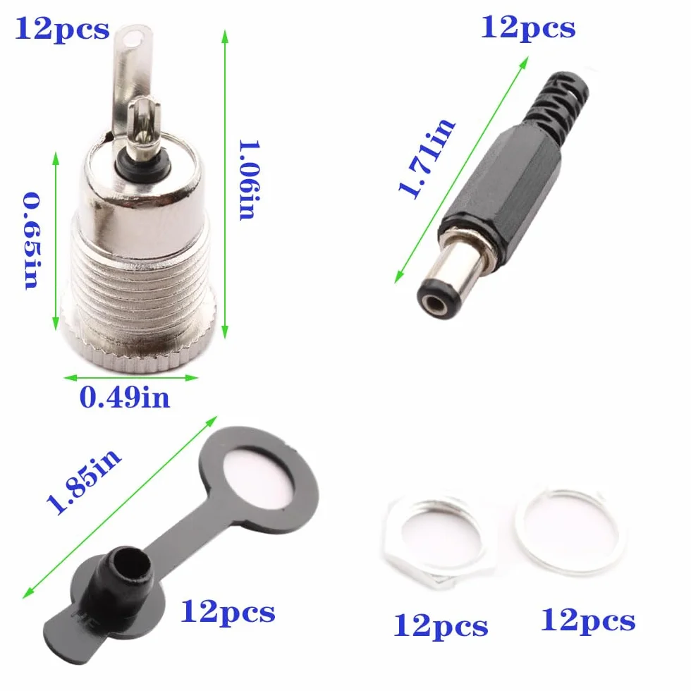 RUNCCI-YUN 12 szt. 5,5 x 2,5 mm gniazdo zasilania DC 5 V – 30 V 5 A żeńskie złącze do montażu panelowego, + 12 szt. wtyczka zasilająca 12 V + 12 szt. wodoodporna nasadka