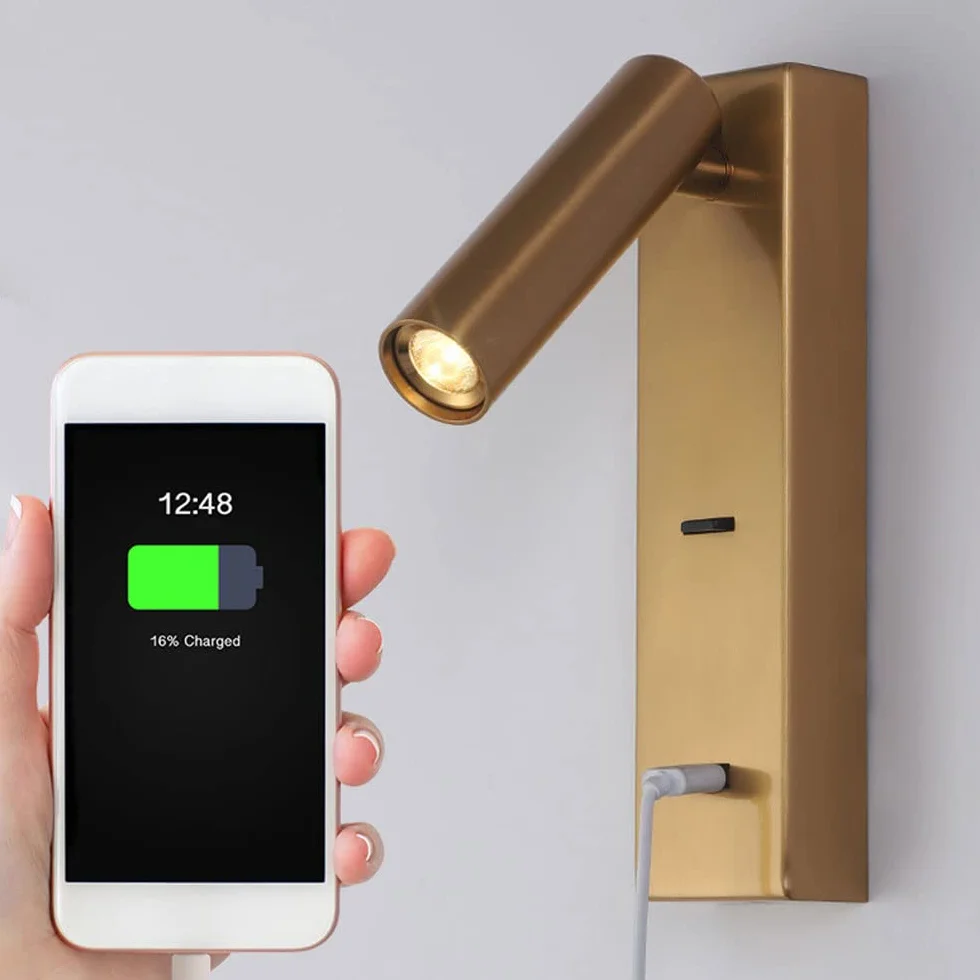 Złoty kinkiet do czytania przy łóżku, mini metalowy kinkiet ścienny z portem USB, regulowany kinkiet 350°+90°, nowoczesne kinkiety LED, minimalistyczne kinkiety oświetleniowe