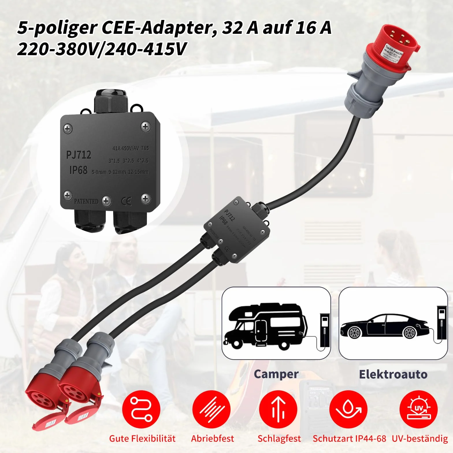 Adapter CEE 32 A na 16 A, 2 x gniazdo CEE 230 V 16 A, 5-biegunowy, przedłużacz IP44-68, rozdzielacz prądu 1,5 m