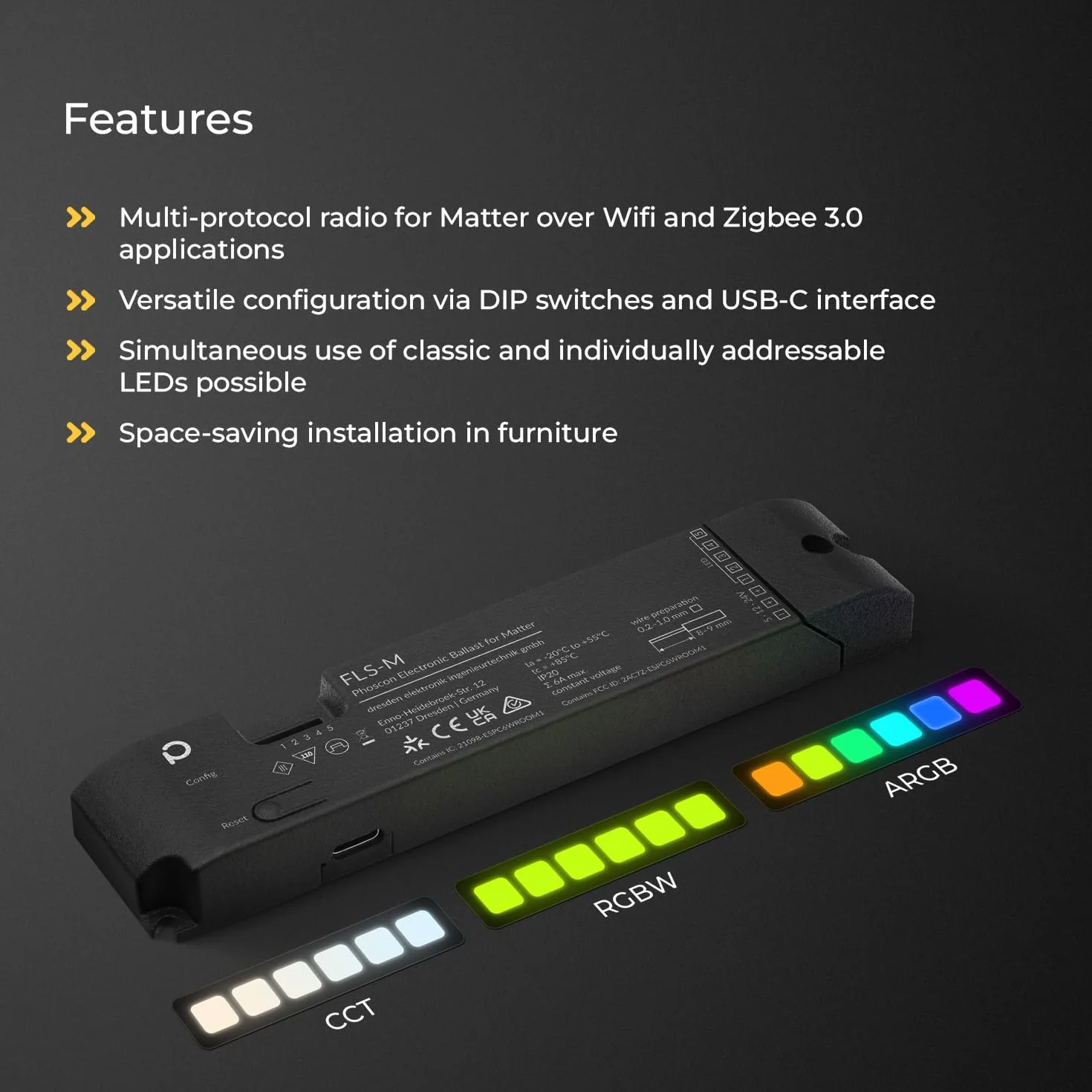 FLS-M – uniwersalny kontroler LED Matter Zigbee do taśm LED do 5 kanałów i indywidualnie adresowalnych diod LED, RGBW, RGB+CCT, jednokolorowy, WS2812B