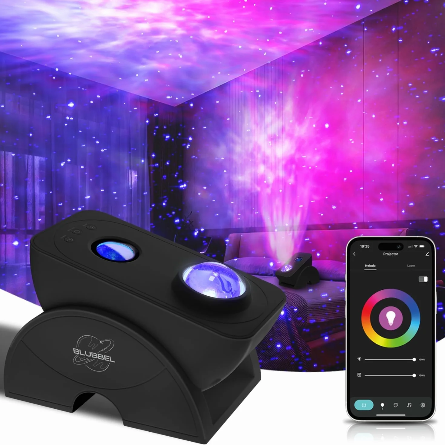 Blubbel Projektor LED gwiaździstego nieba, projektor gwiazd WLAN, lampa nocna 3D Galaxy, sterowanie za pomocą aplikacji / głosu, projektor gwiazd, galaktyka, kompatybilna z Alexa/Google, dla niemowląt