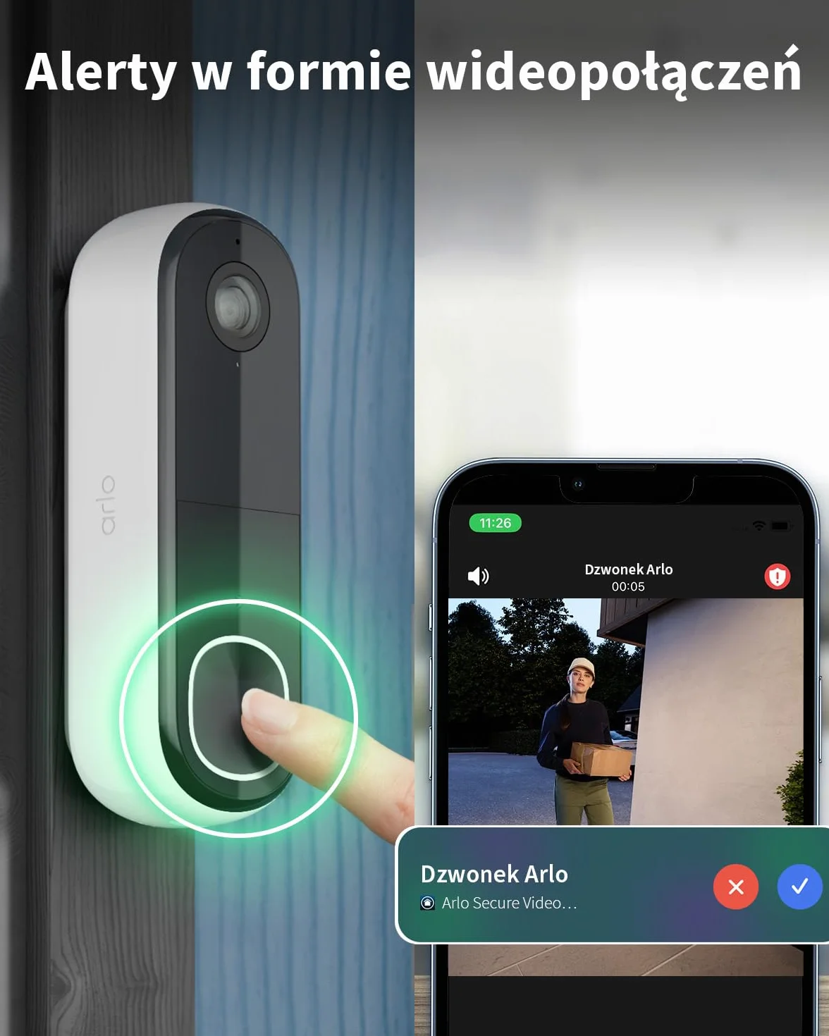 Arlo 2K HD Wideo Dzwonek do Drzwi WiFi, Czujnik Ruchu, Dwukierunkowy Dźwięk, Pole Widzenia 180°