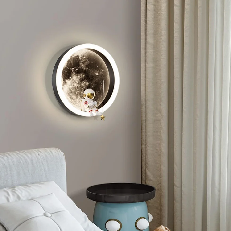 Lampa ścienna LED dla dzieci księżyc, dekoracja astronauty pokój dziecięcy dekoracja zagłówka kinkiet ścienny, 3000k 12W okrągła lampa ścienna do pokoju dziecięcego (A: biała)