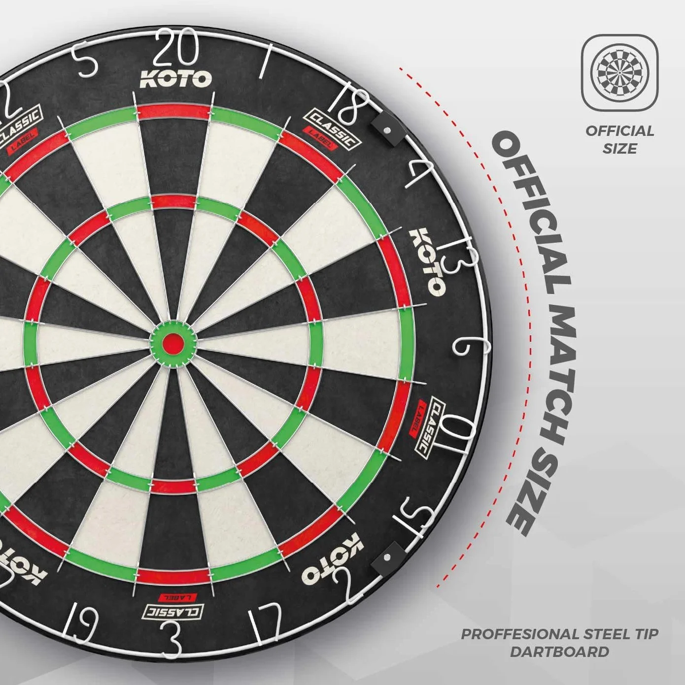 Tarcza KOTO King Classic Edition, zestaw darta bez zszywek, oficjalne wymiary turniejowe, cienkie okablowanie, pierścień z numeracją czerwonego, długa żywotność, wysokiej jakości sizal.