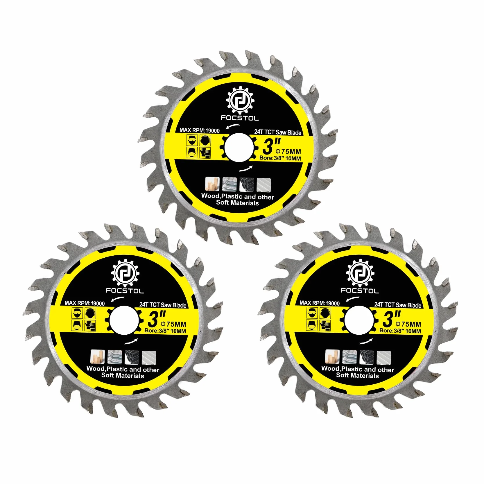 FOCSTOL Tarcza do cięcia drewna TCT, 3 sztuki, 75 mm x 10 mm