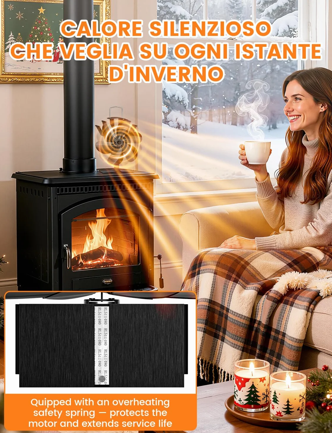 Wentylator do pieca na drewno, 6 łopatek, wentylator kominkowy, 50-350°C, zasilany ciepłem, cichy, z ochroną przed przegrzaniem, do pieca na drewno, kominka, gazu, peletu