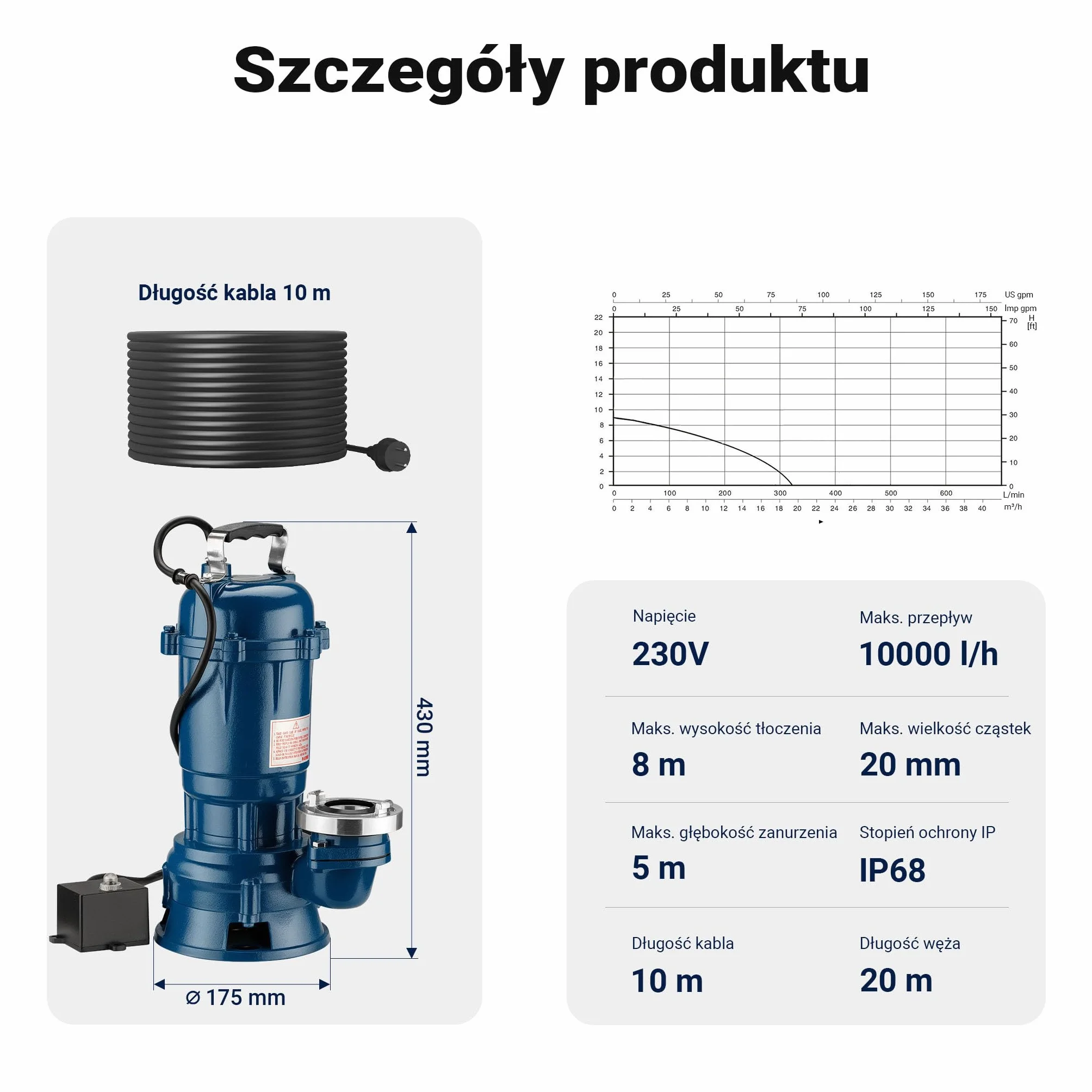 Pompa do brudnej wody zanurzeniowa 550 W 10 000 l/h wąż 20 m