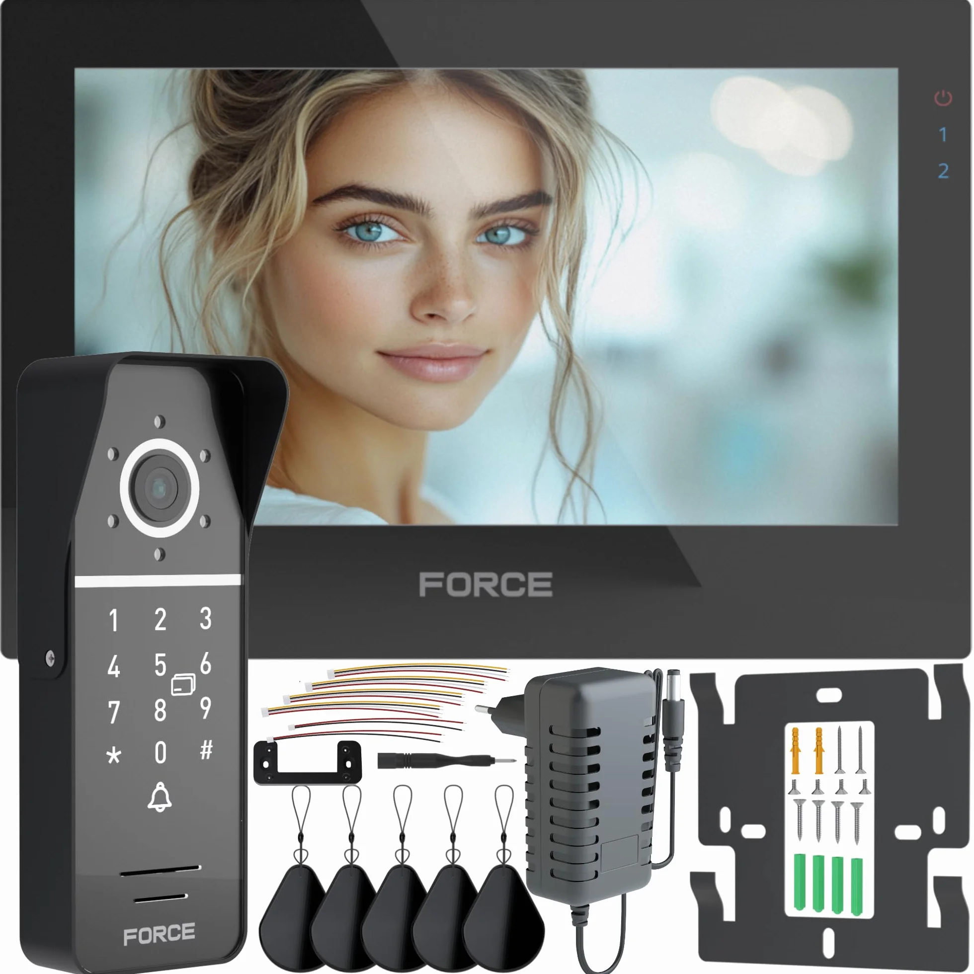 WIDEODOMOFON FORCE PRIMA 7" CZARNY FULL HD CZYTNIK BRELOKI BRAMA FURTKA