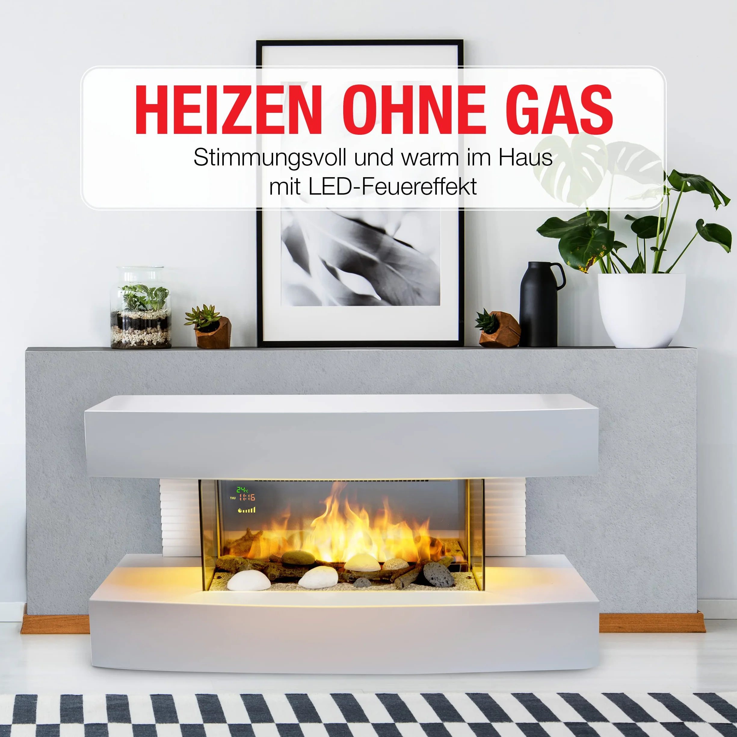 Toronto kominek elektryczny 230 V 2000 W biały z pilotem zdalnego sterowania efekt płomienia LED