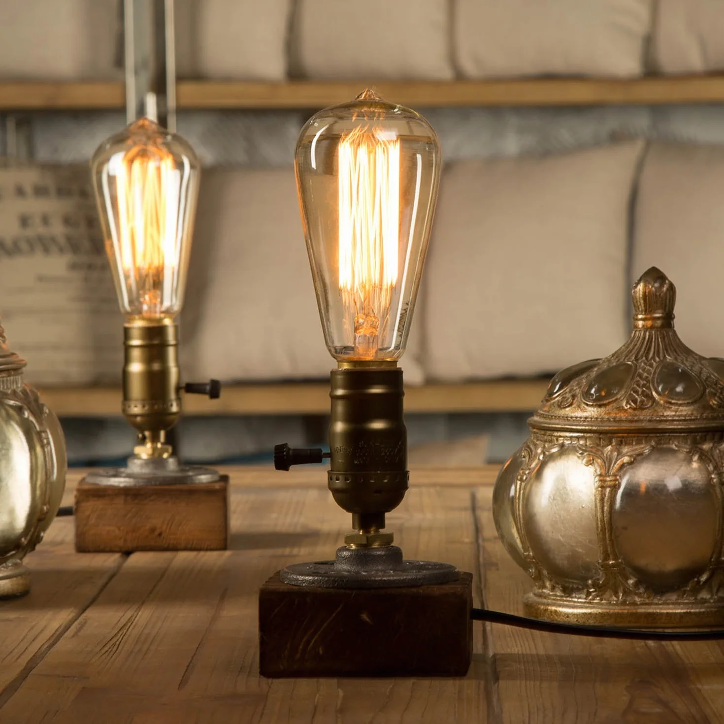 E27 vintage drewniane bloki lampa stołowa lampa biurkowa do kawiarni baru studio, lampka nocna na stolik nocny ściemniana bez żarówki