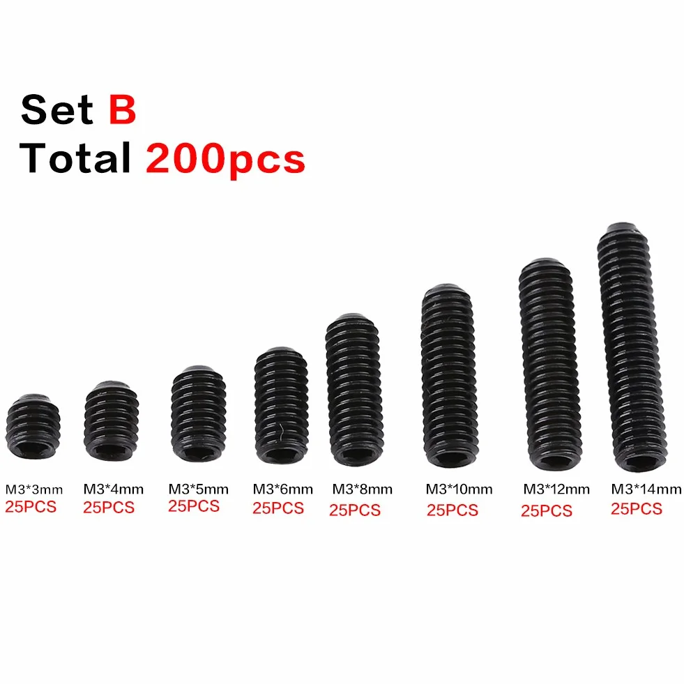 200 Stück M3 Kohlenstoffstahl Hex Madenschrauben Set Cup Punkt Maschine Verschluss