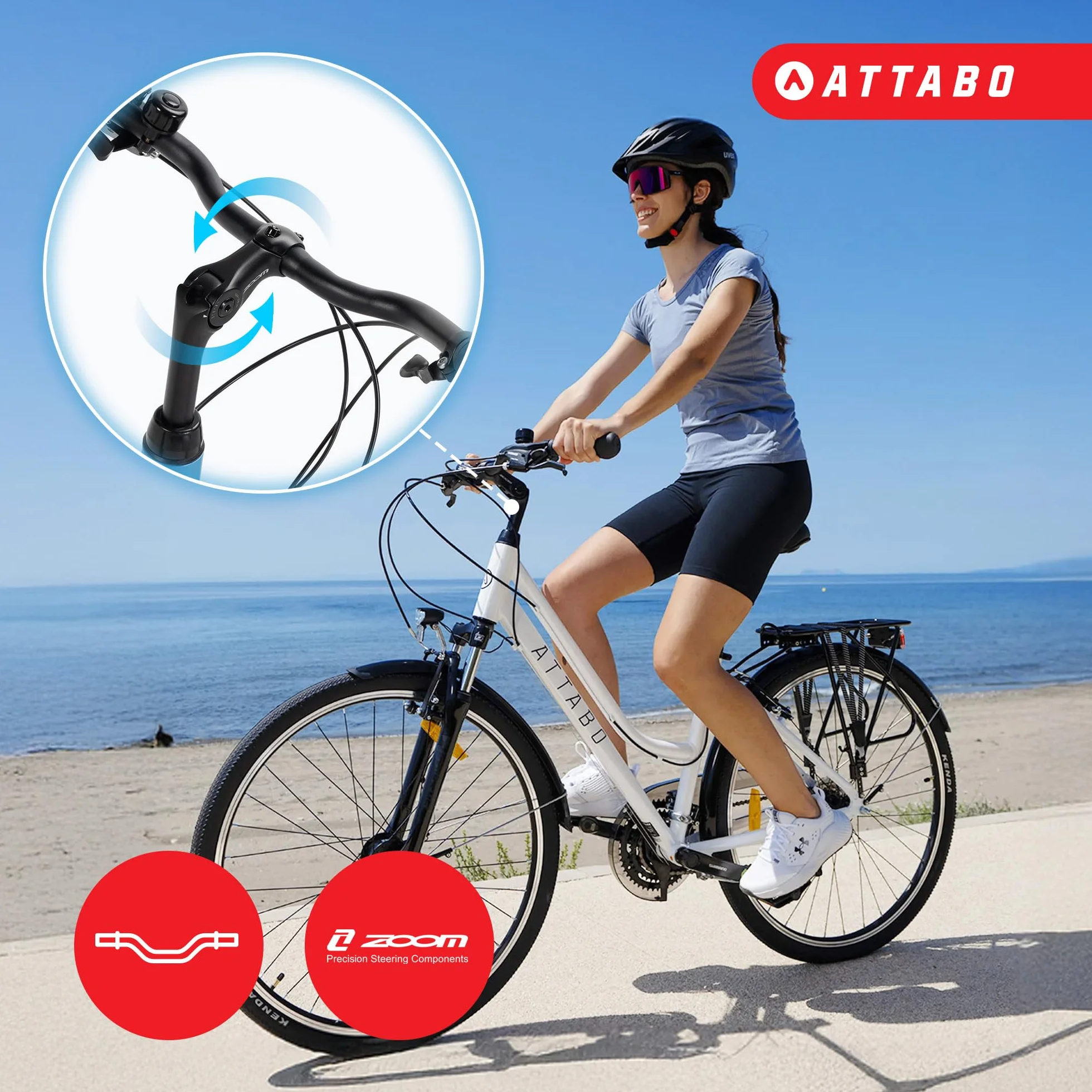 ATTABO Rower trekkingowy damski z ramą 17"-19", ergonomiczna kierownica, hamulce V-Brake, wytrzymały, biały rower z kołami 28", z niskim bagażnikiem, dzwonek rowerowy i odblaskami