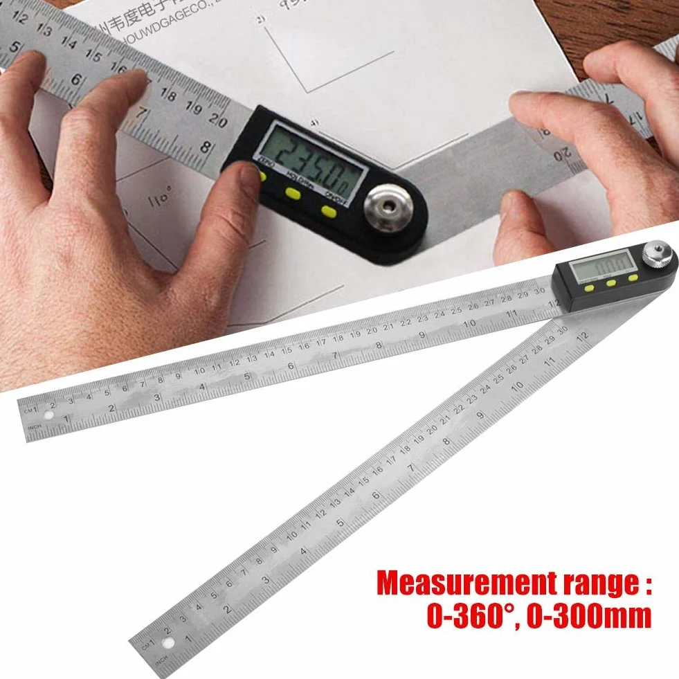 Kątomierz cyfrowy 2 w 1 0-300mm 360° Stal nierdzewna Elektroniczny kątomierz Goniometr Linijka pomiarowa Ekran LCD