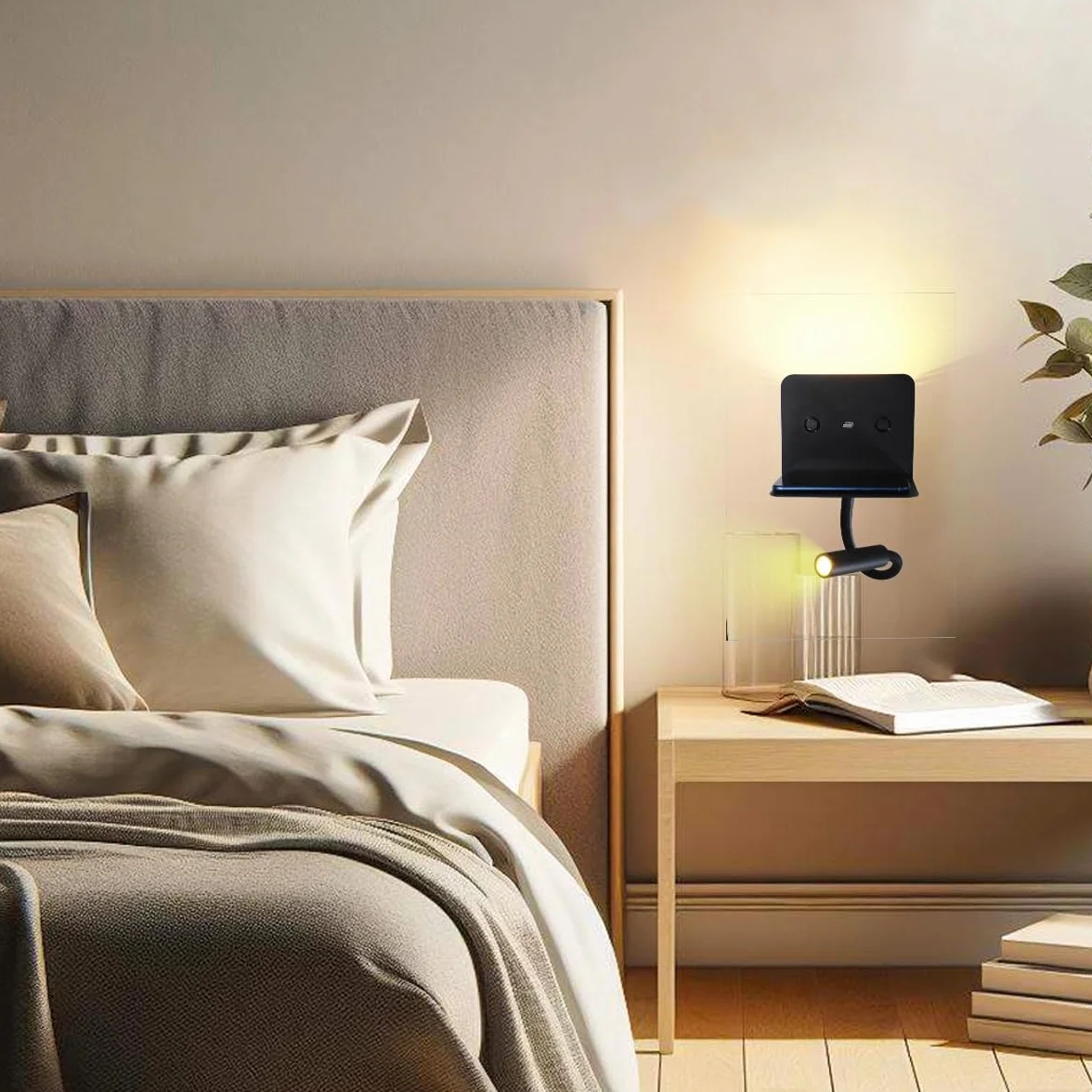 Alpinaluz Czarna lampa do czytania LED z stacją ładującą USB 3W Flexo 6W