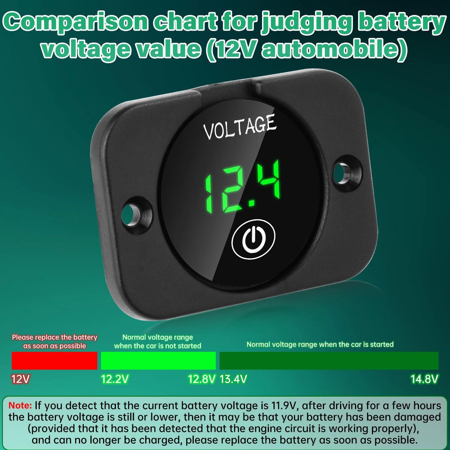 Heemol Cyfrowy Woltomierz LED DC 12 V, 24 V, Miernik Napięcia z Wyświetlaczem Dotykowym, Wodoszczelny, Wielofunkcyjny, Samochody, Łodzie, Motocykle, Kosiarek (Zielony)