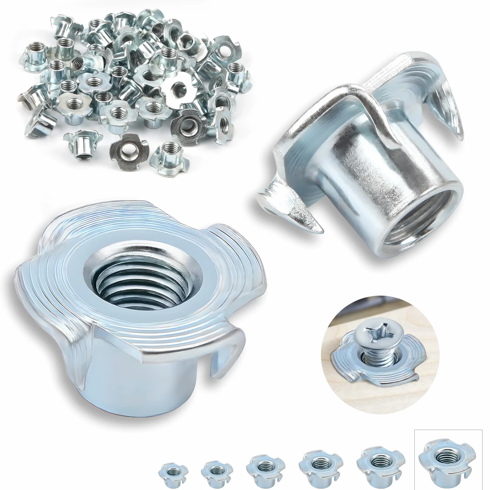 50 sztuk nakrętek wbijanych M10 x 13 mm, ocynkowana, stal węglowa, 4 końcówki do drewna, desek, mebli, rzemieślników, konstrukcji, ścian wspinaczkowych, zestawów śrub, "zrób to sam"