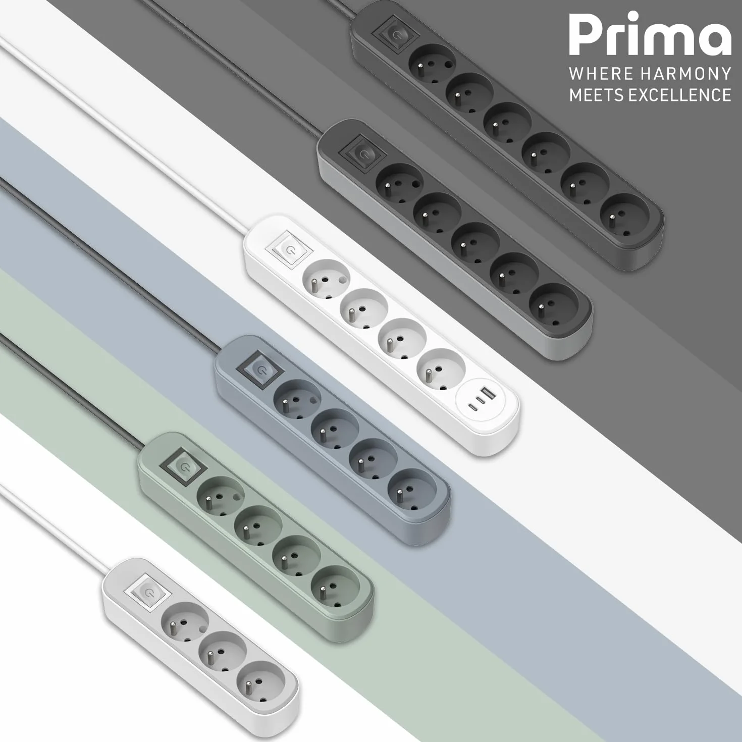 Electraline blok 5-rzędowy z przełącznikiem i wtyczką płaską 1,5 m biały