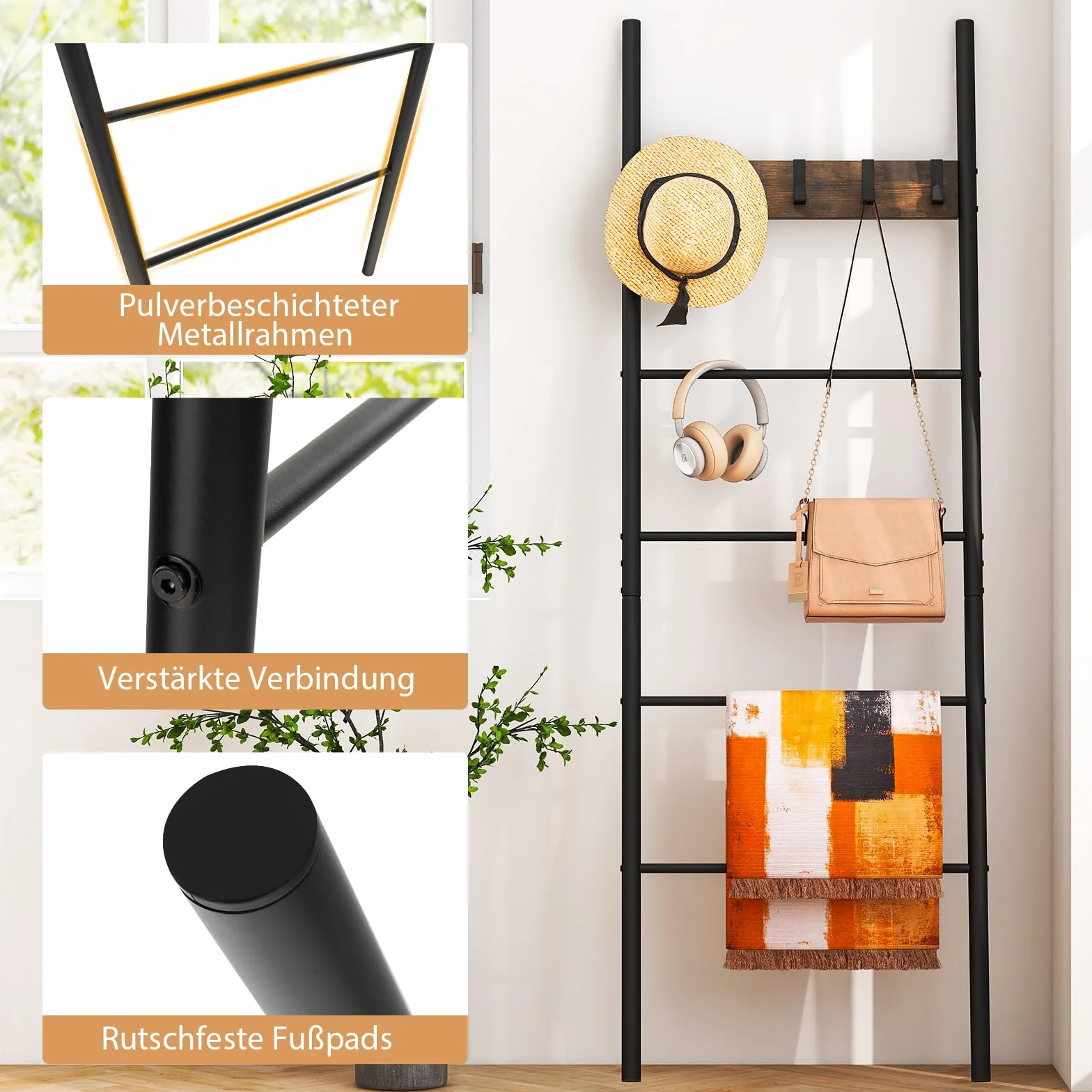 COSTWAY Drabina na ręczniki 180 x 60 cm, wieszak na ręczniki z 5 zdejmowanymi haczykami, regał drabinkowy, oszczędność miejsca, drabina do garderoby z metalową ramą, styl vintage