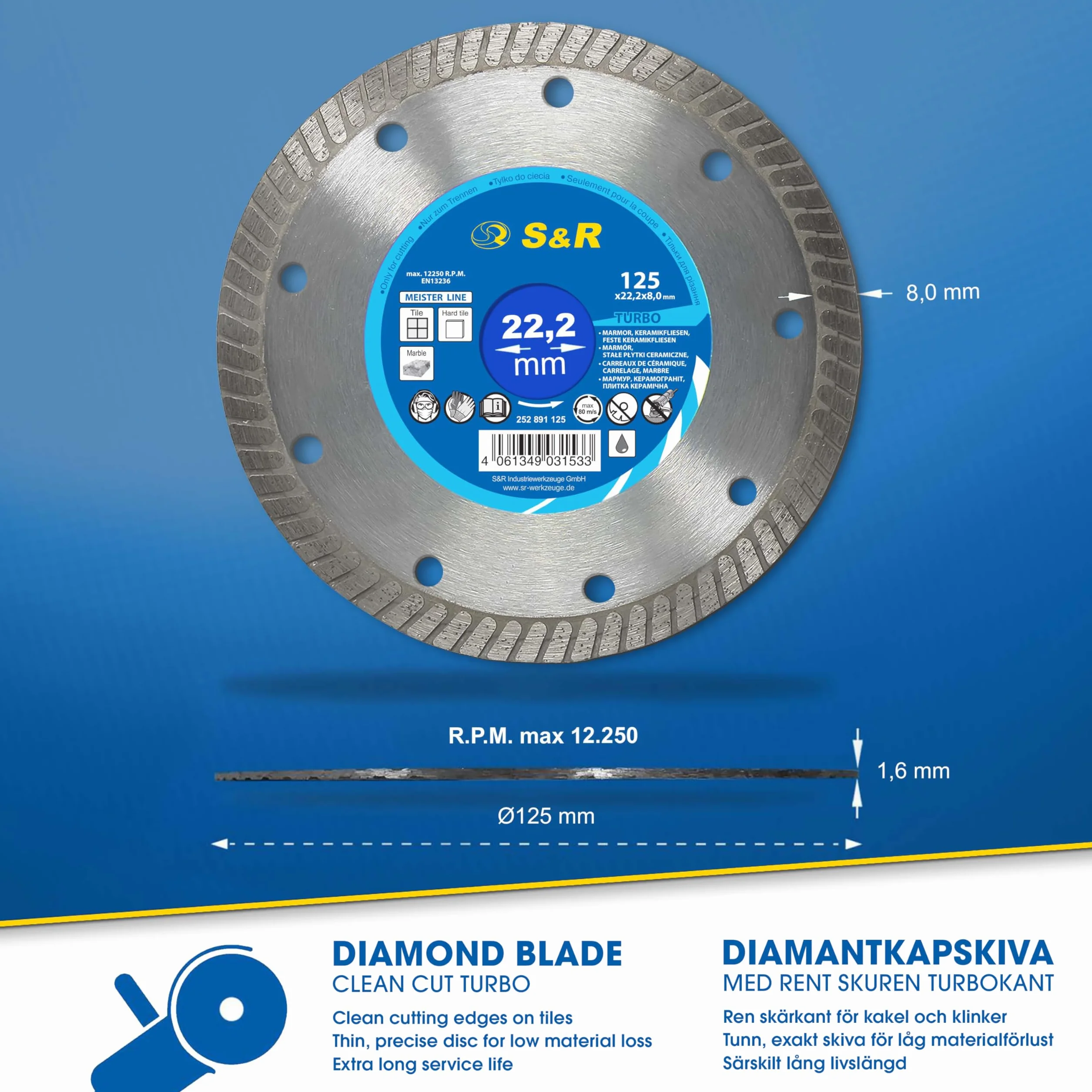 S&R Diamentowa tarcza tnąca PREMIUM Extra-Clean 125 x 22,23 mm do cięcia płytek ceramiki granitu