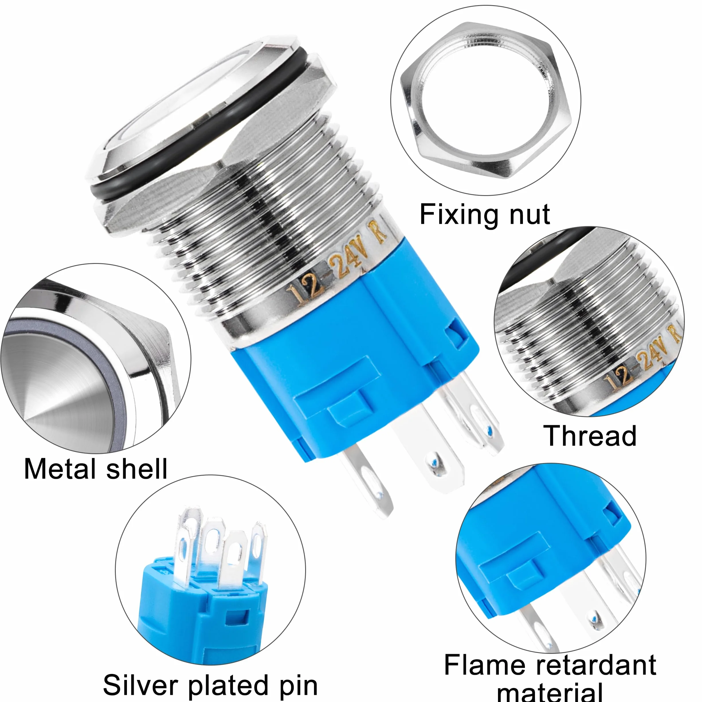 QIMEI-SHOP 5 sztuk Samoblokujący przełącznik przyciskowy 16 mm przyciski 12V-24V 3A Wodoodporne chromowane mosiężne przełączniki przyciskowe z czerwonym pierścieniem LED