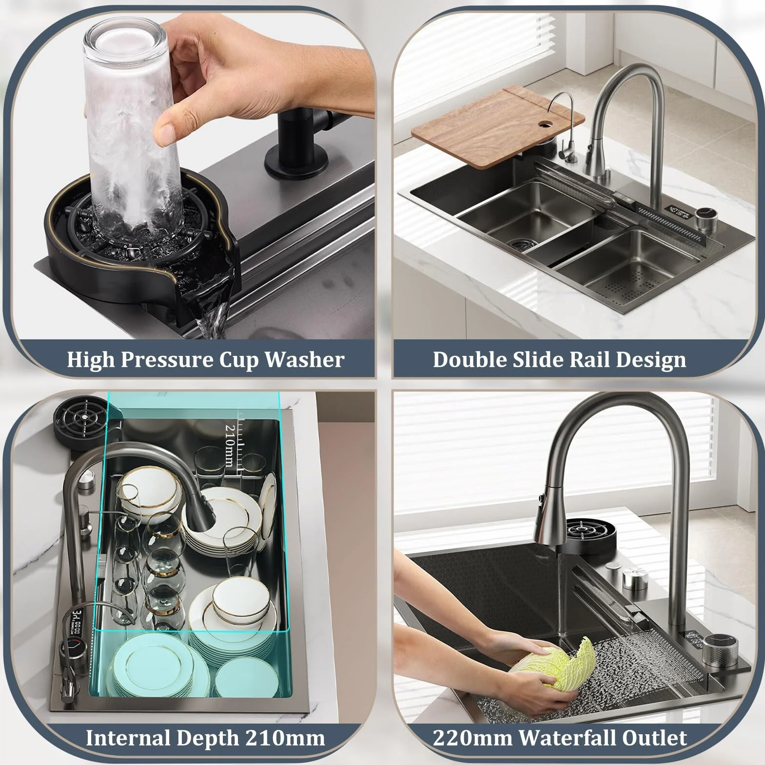 Stainless Steel Waterfall Kitchen Sink Combo with Pull-Out Faucet Nano-Coated Topmount Single Bar Bowl 80x50cm Black-Grey