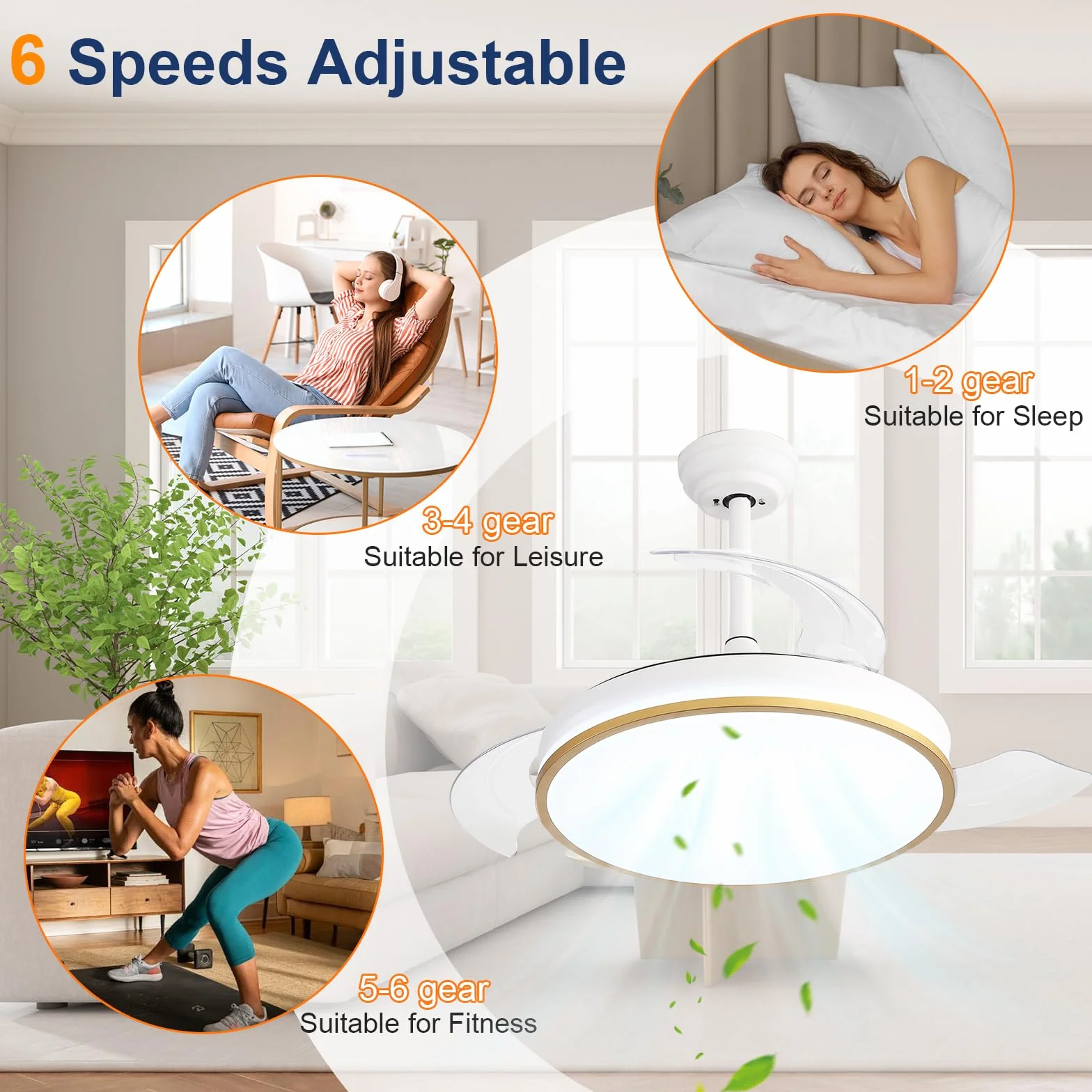 Jumoking Wentylator sufitowy z oświetleniem LED 47W 106cm wysuwane łopatki 3 temperatury 6 prędkości timer odwracalny silnik DC złoty