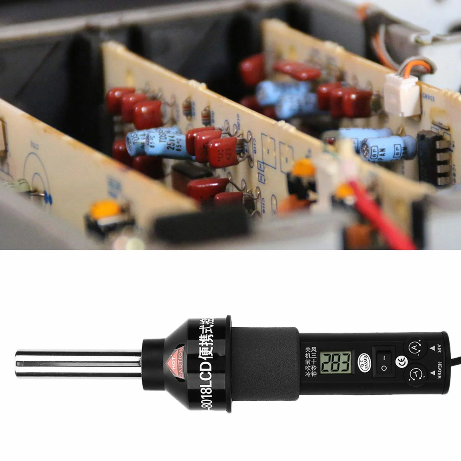 Varmluftspistol 450W justerbar LCD-display avlödningsstation med 4 munstycken