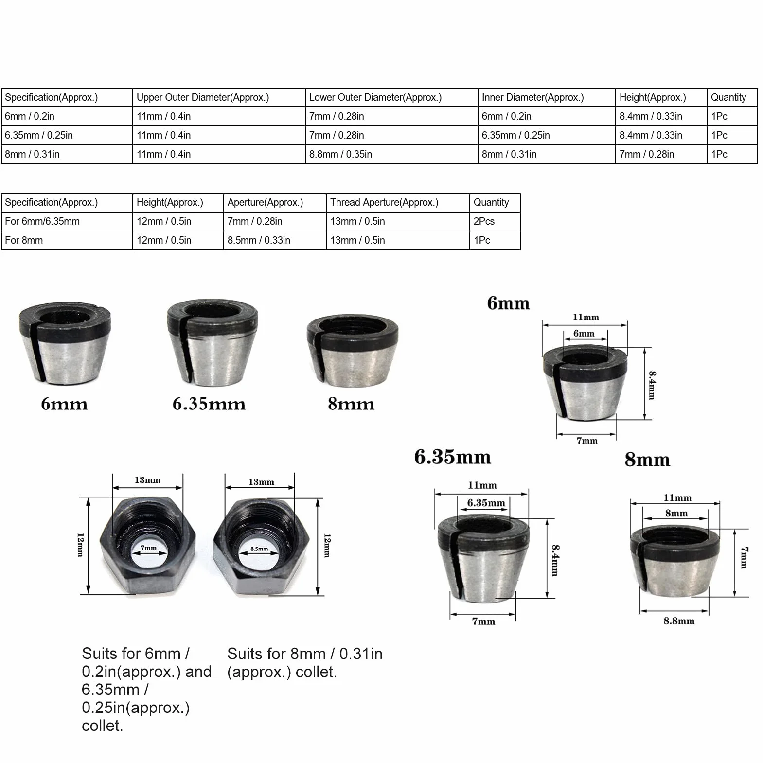 Adapter Zaciskowy Router Collet 6mm 6.35mm 8mm Zestaw z Nakrętką Uchwyty ze Stali Węglowej do Trymera Grawerka