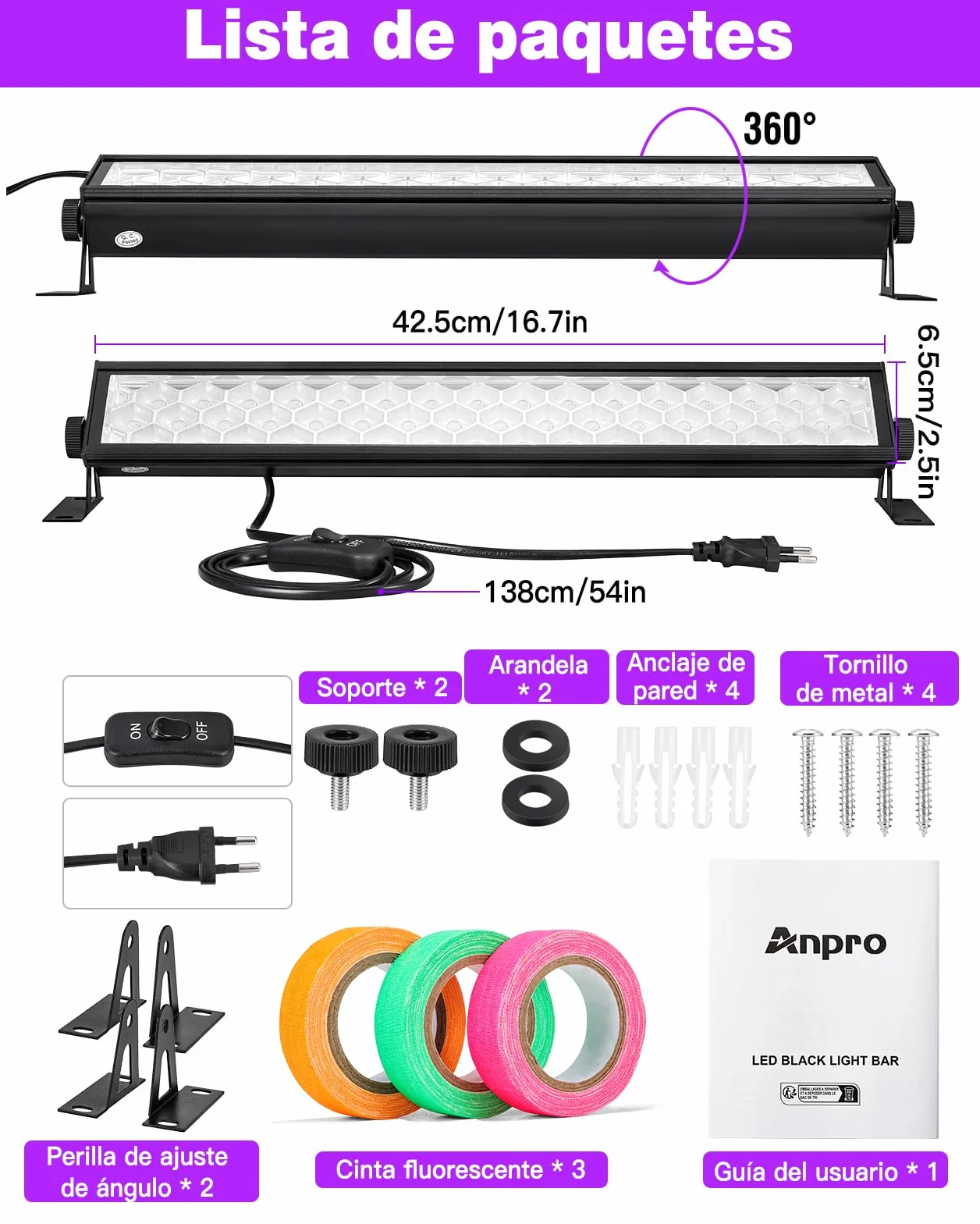 Anpro 72 W czarne światło LED 48 diod regulowane 360° kąt świecenia 120° przewód 4,5 m długość fali 385-400 nm
