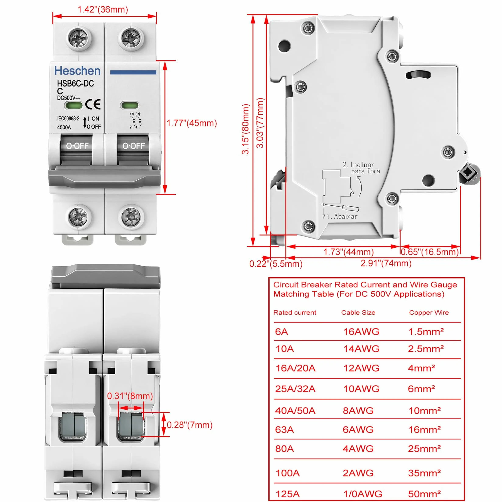 Heschen HSB6C-DC Miniaturowy wyłącznik prądu stałego DC500V 40A 2-biegunowy fotowoltaiczny na szynę DIN 35mm
