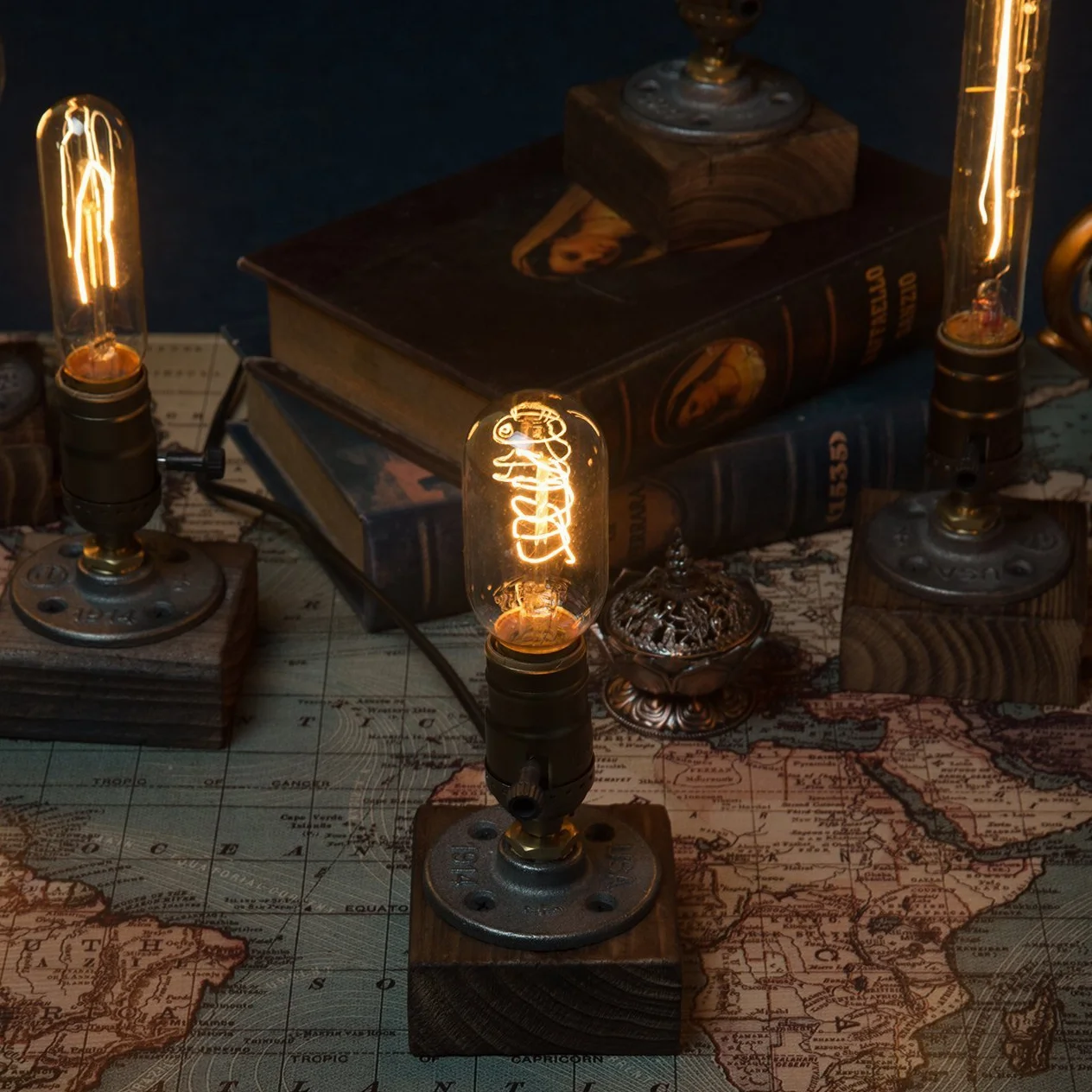 E27 vintage drewniane bloki lampa stołowa lampa biurkowa do kawiarni baru studio, lampka nocna na stolik nocny ściemniana bez żarówki