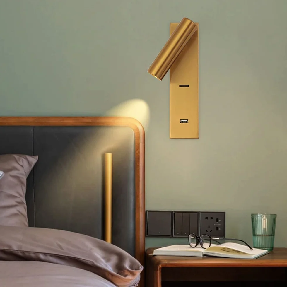 Złoty kinkiet do czytania przy łóżku, mini metalowy kinkiet ścienny z portem USB, regulowany kinkiet 350°+90°, nowoczesne kinkiety LED, minimalistyczne kinkiety oświetleniowe