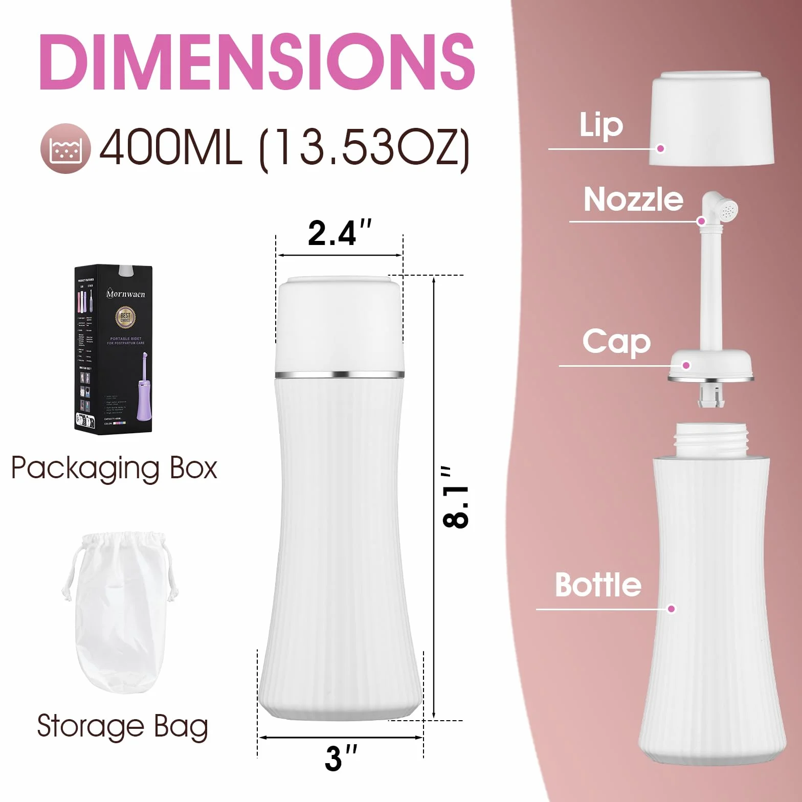 Peri Butelka 400 ml Po Porodzie, Przenośny Bidet z Wysuwanym Opryskiwaczem, Biała