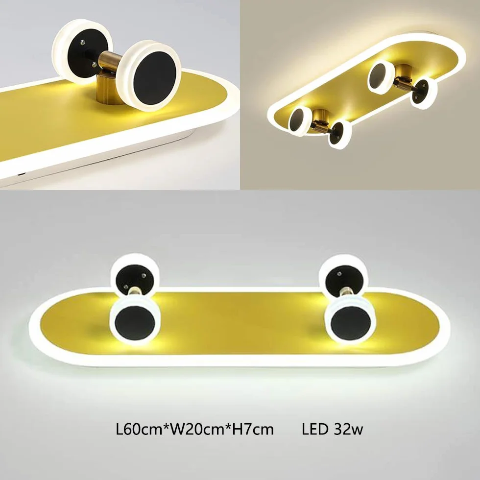 Lampa sufitowa Skateboard, nowoczesna, przyciemniana, LED 32W, akrylowy żyrandol, dla chłopców i dziewczynek