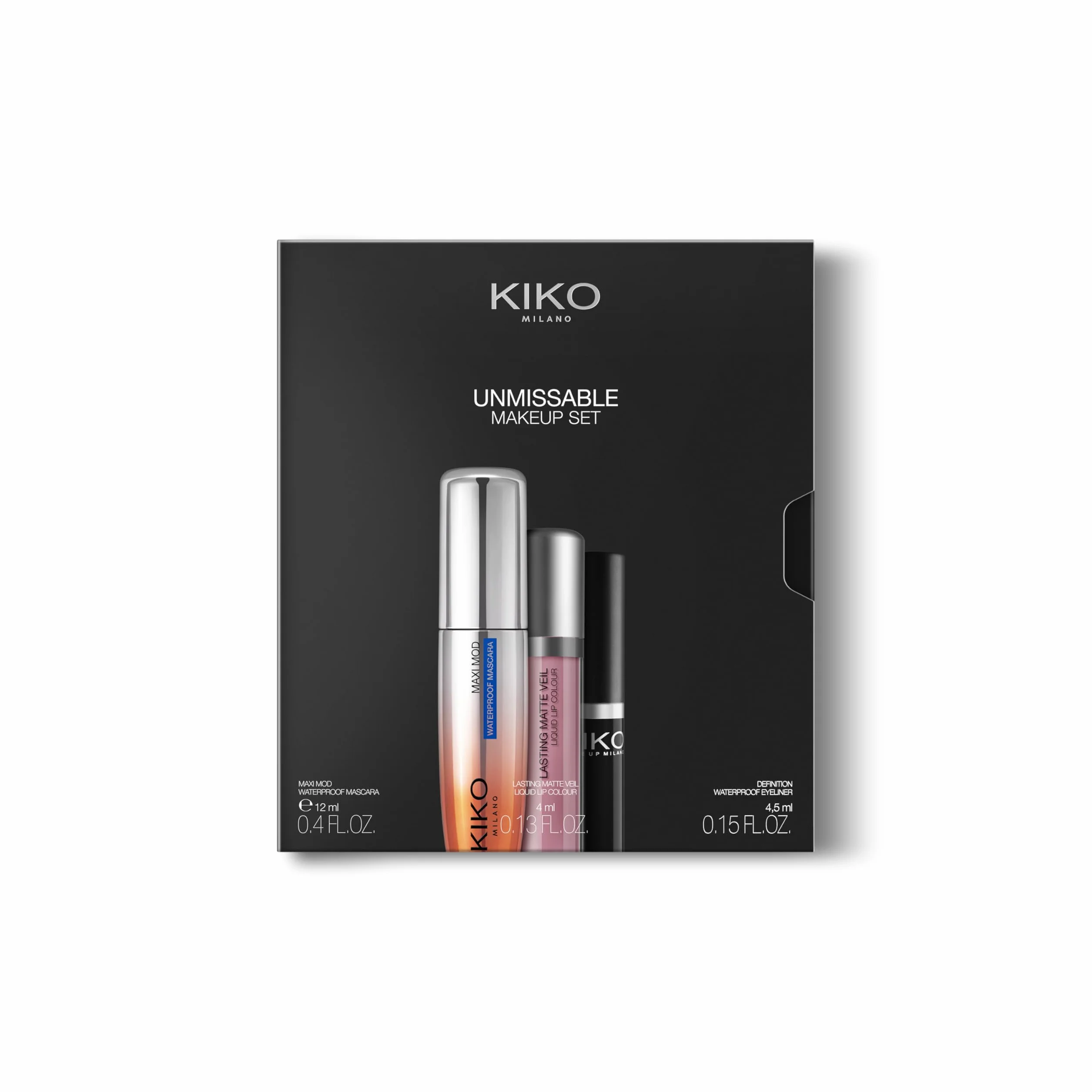 KIKO Milano Unmissable Makeup Set, Zestaw Do Makijażu Z Tuszem Do Rzęs, Wodoodpornym Eyelinerem I Matową Pomadką W Płynie