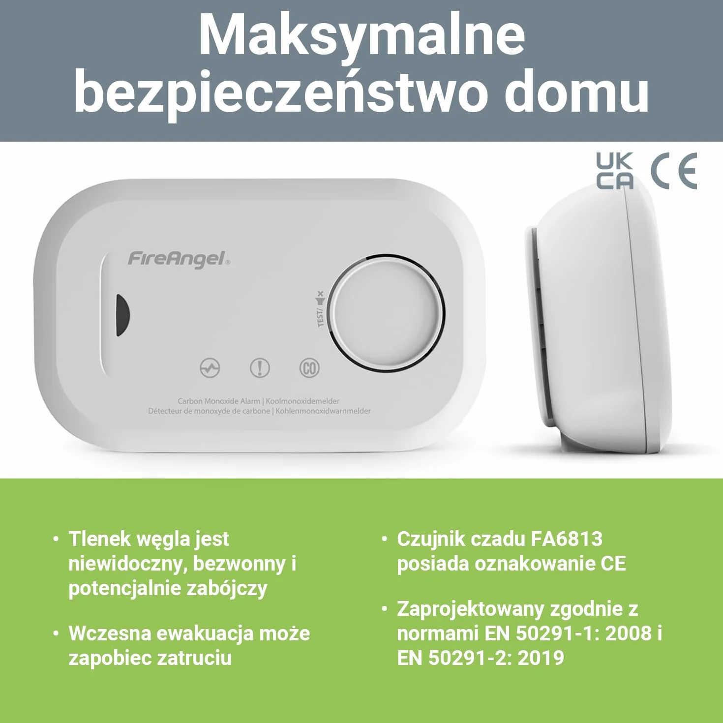 Fire Angel FA6813 Czujnik Czadu – Czujnik Tlenku Węgla Bateriami AA – Przenośna Podróżna Czujka Czadu z Alarmem – Detektor Tlenku Węgla z Funkcją Testu