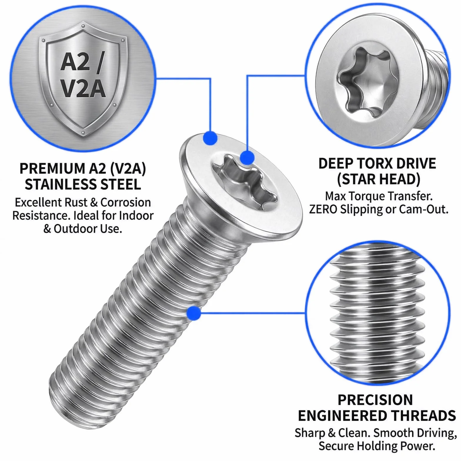 Śruby z łbem wpuszczanym Torx M4 x 12 mm, stal nierdzewna A2 V2A, pełny gwint, zestaw 30 sztuk z bitami 25/50 mm