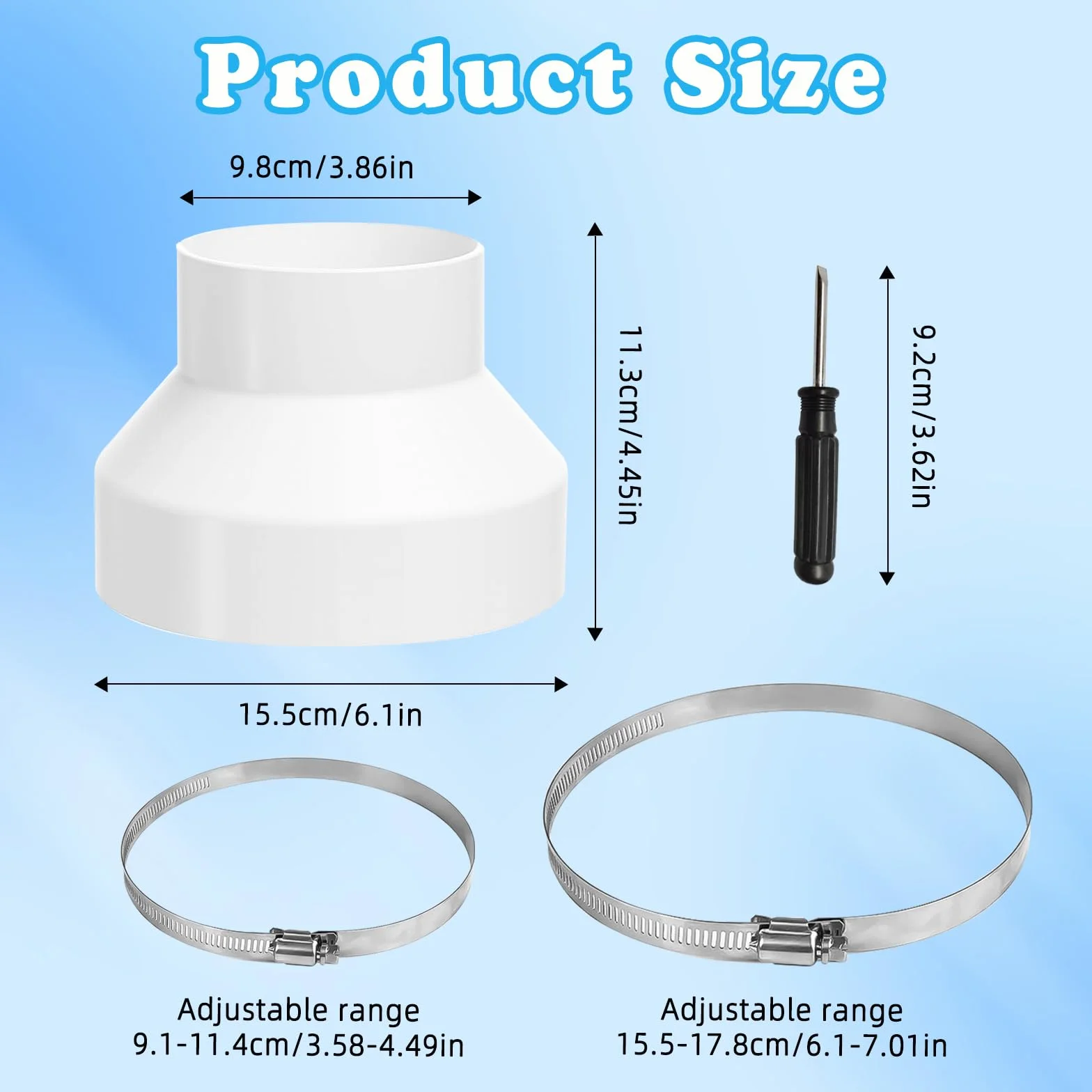 Adapter do węża wylotowego 150 mm do 100 mm, złączka redukcyjna ze stali nierdzewnej z 2 obejmami do wentylacji