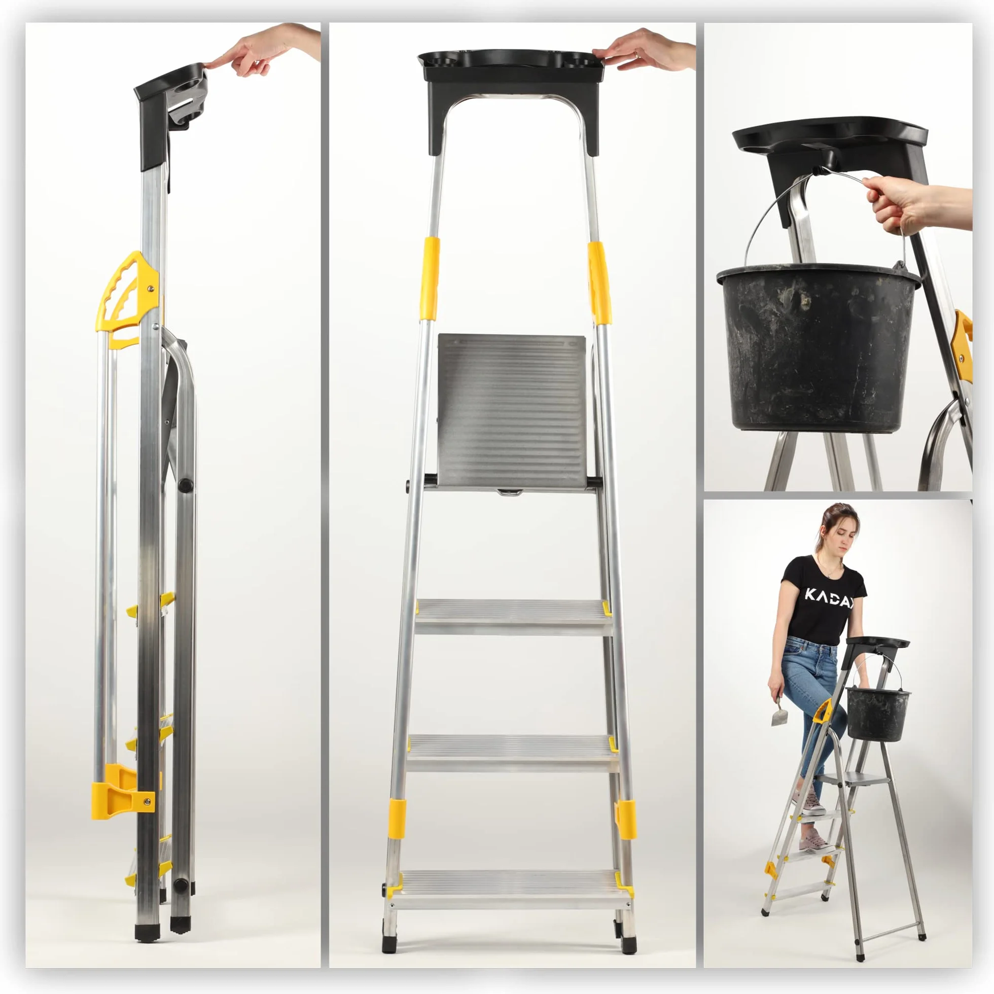 KADAX Drabina aluminiowa 4-stopniowa składana z poręczą 150 kg
