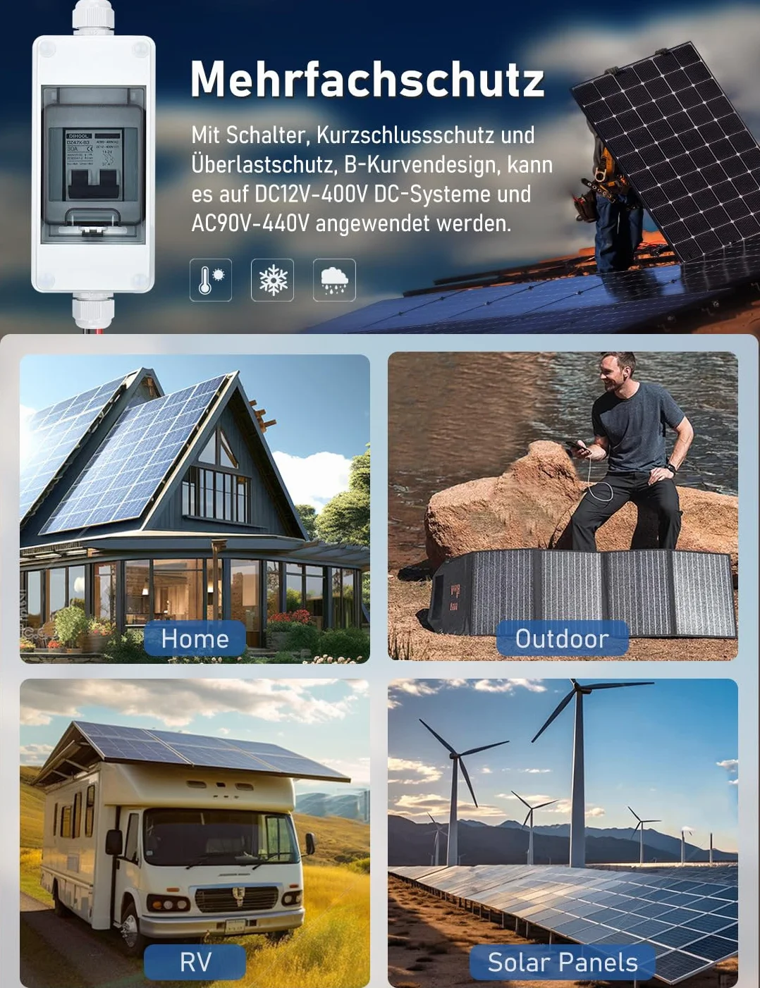 DIHOOL Odłącznik DC PV 30A, 2-biegunowy, z 3 modułami, skrzynka bezpieczników do instalacji solarnych
