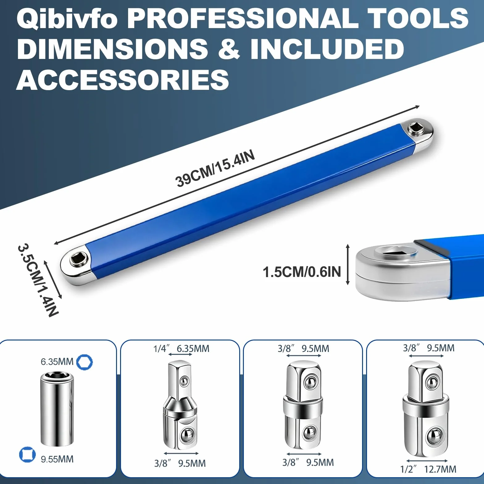 Offset klucz przedłużający 39 cm, przedłużka 0°, zestaw adapterów 1/2", 3/8", 1/4" napęd czworokątny