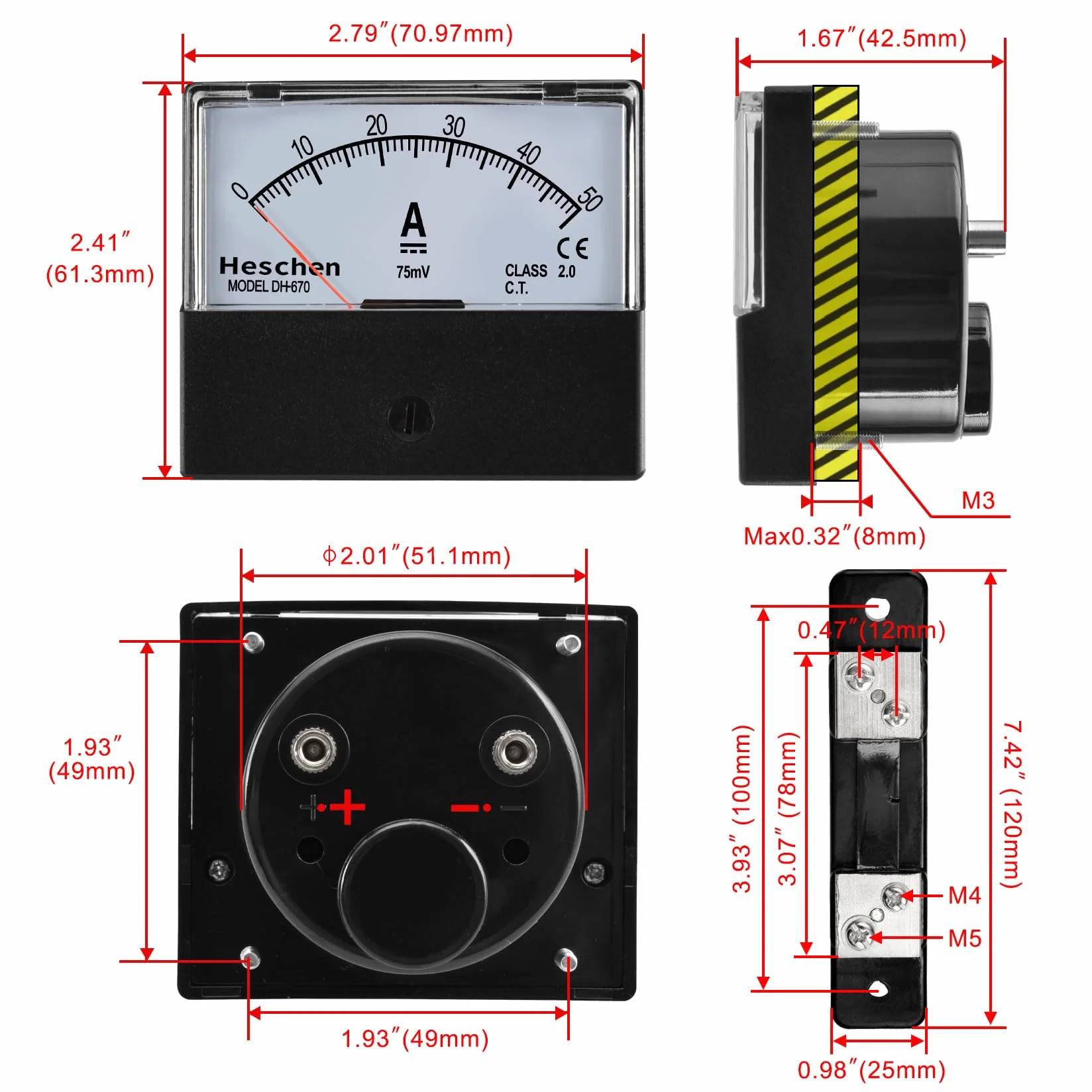 Heschen DH-670 DC 0-50A Klasa 2.0 Miernik elektryczny z bocznikiem
