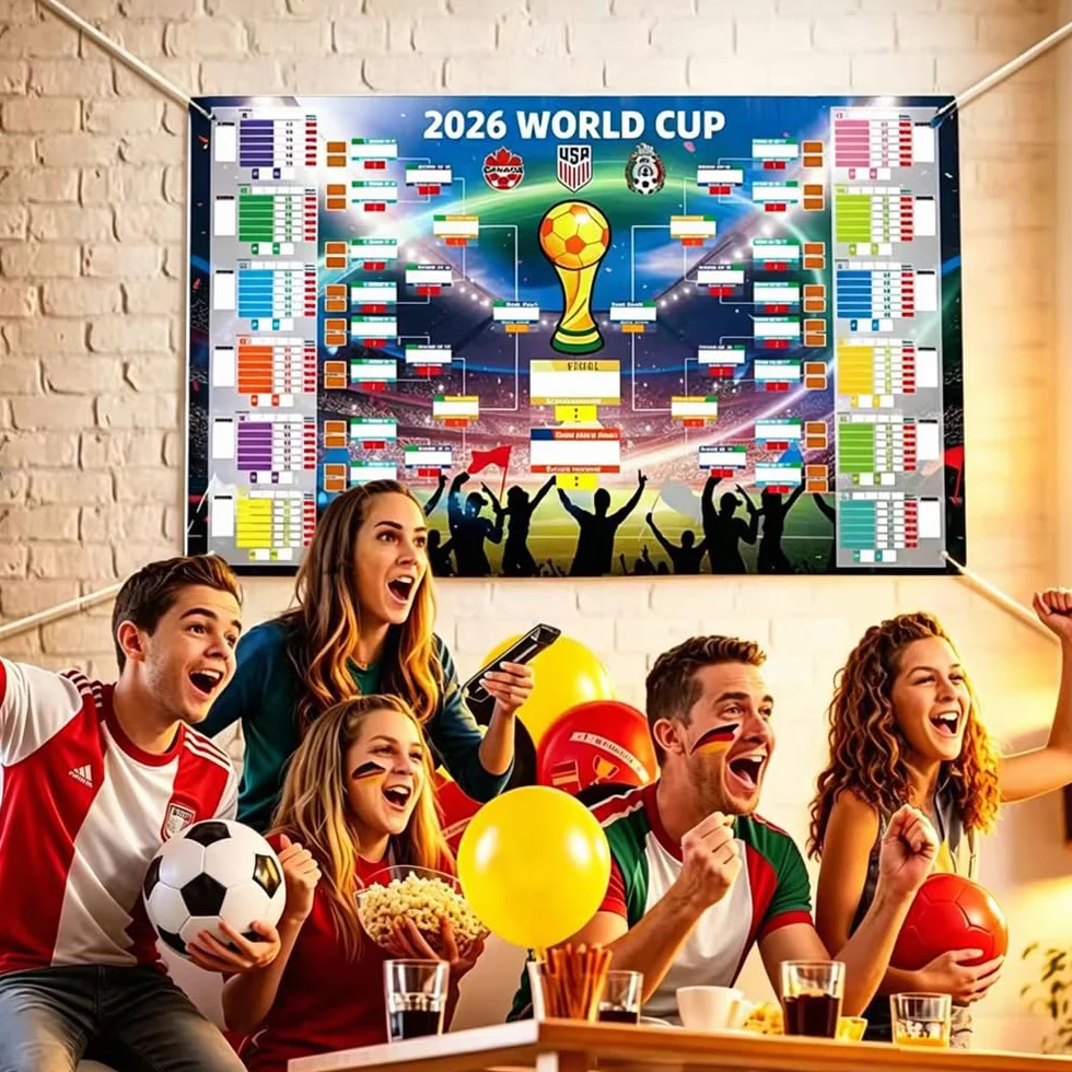 Shengou Plan meczów w piłce nożnej 2026, plakat z 2 piórami, planer piłki nożnej 150 x 90 cm, plan meczów MŚ 2026, plakat do dekoracji, zawiera 48 drużyn, grup, nokaut i finały wszystkie wyniki meczów