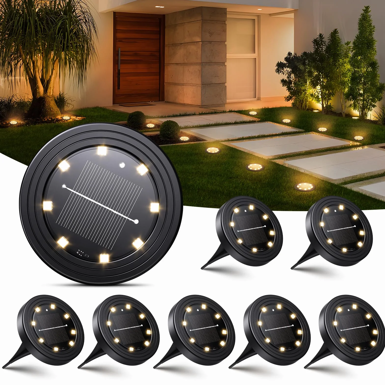 NIBSHOOM 8 sztuk zewnętrznych lamp solarnych IP68 z 8 LED, ciepłe białe do ogrodu