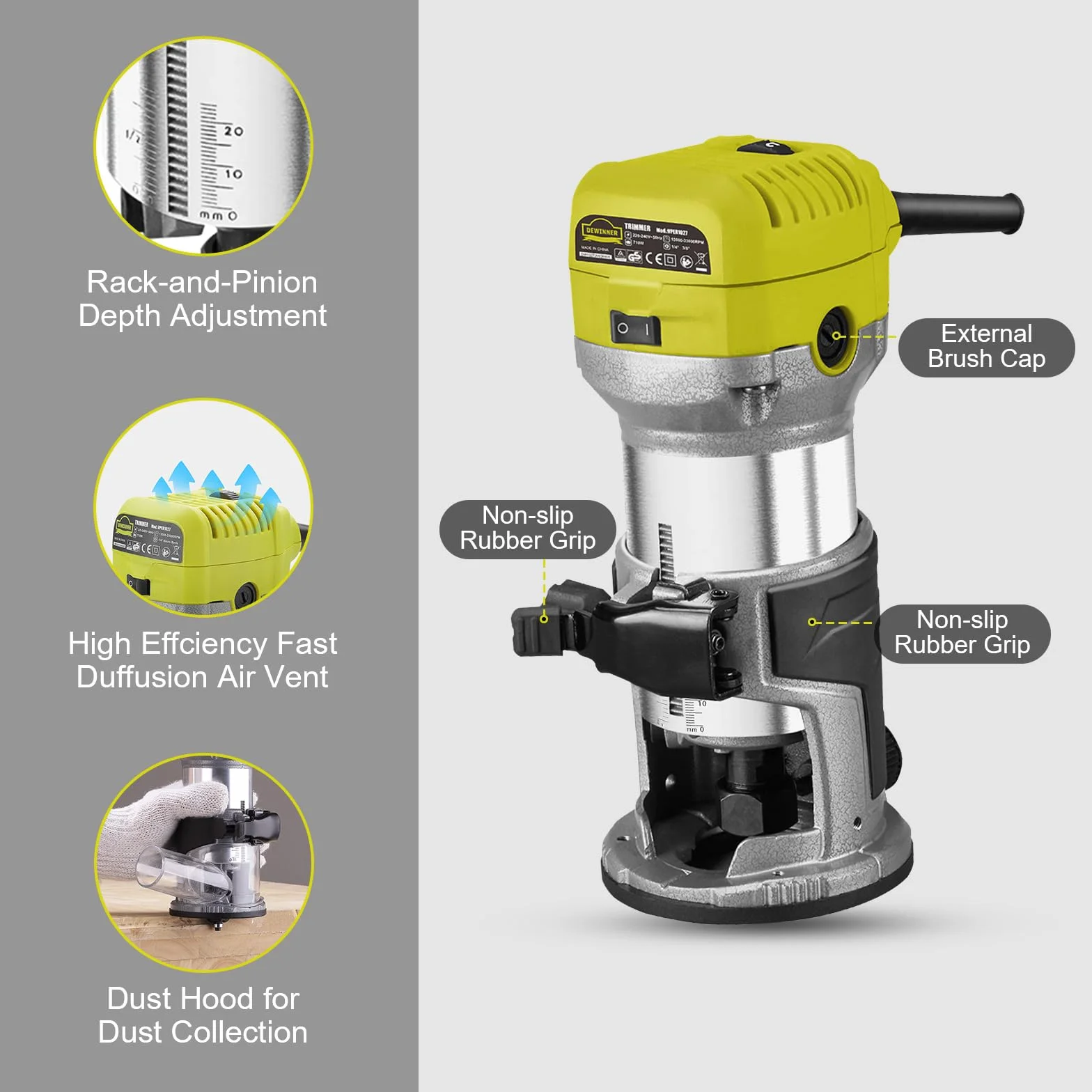 DEWINNER Elektryczna wkrętarka do drewna 710 W, 13000-33000 obr./min, 6 zmiennych prędkości, 3 zaciski 1/4" 6 mm i 8 mm