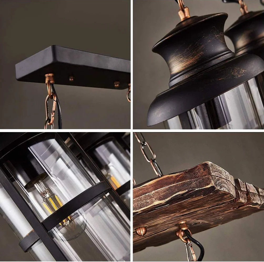 Lampa wisząca vintage E27, przemysłowa retro drewno czarna żelazo i szkło, klosz loft z regulacją wysokości